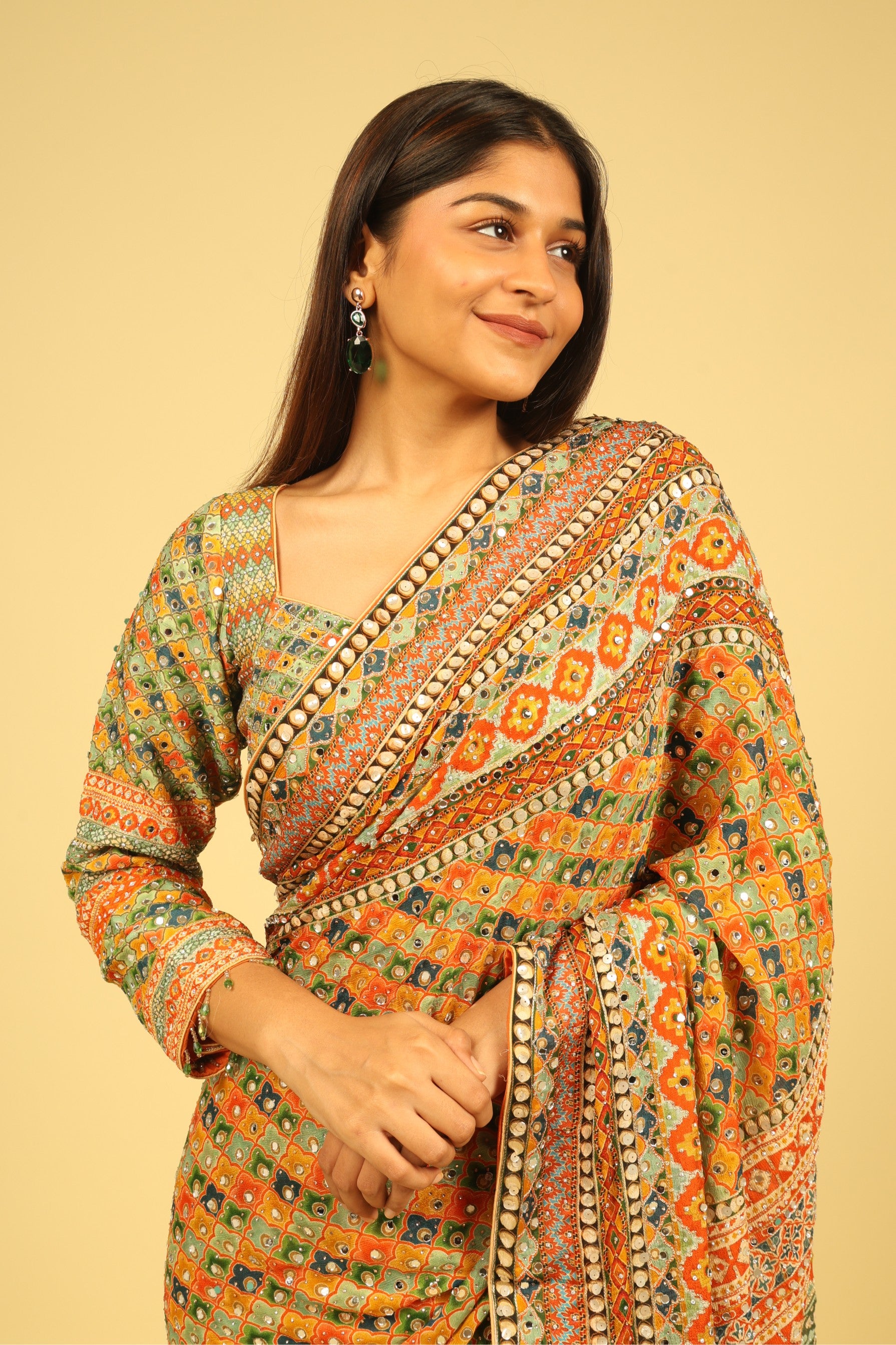 Multicolour Soft Georgette Saree with Digital Print, Sequin & Mirror Highlights - Mokshaa