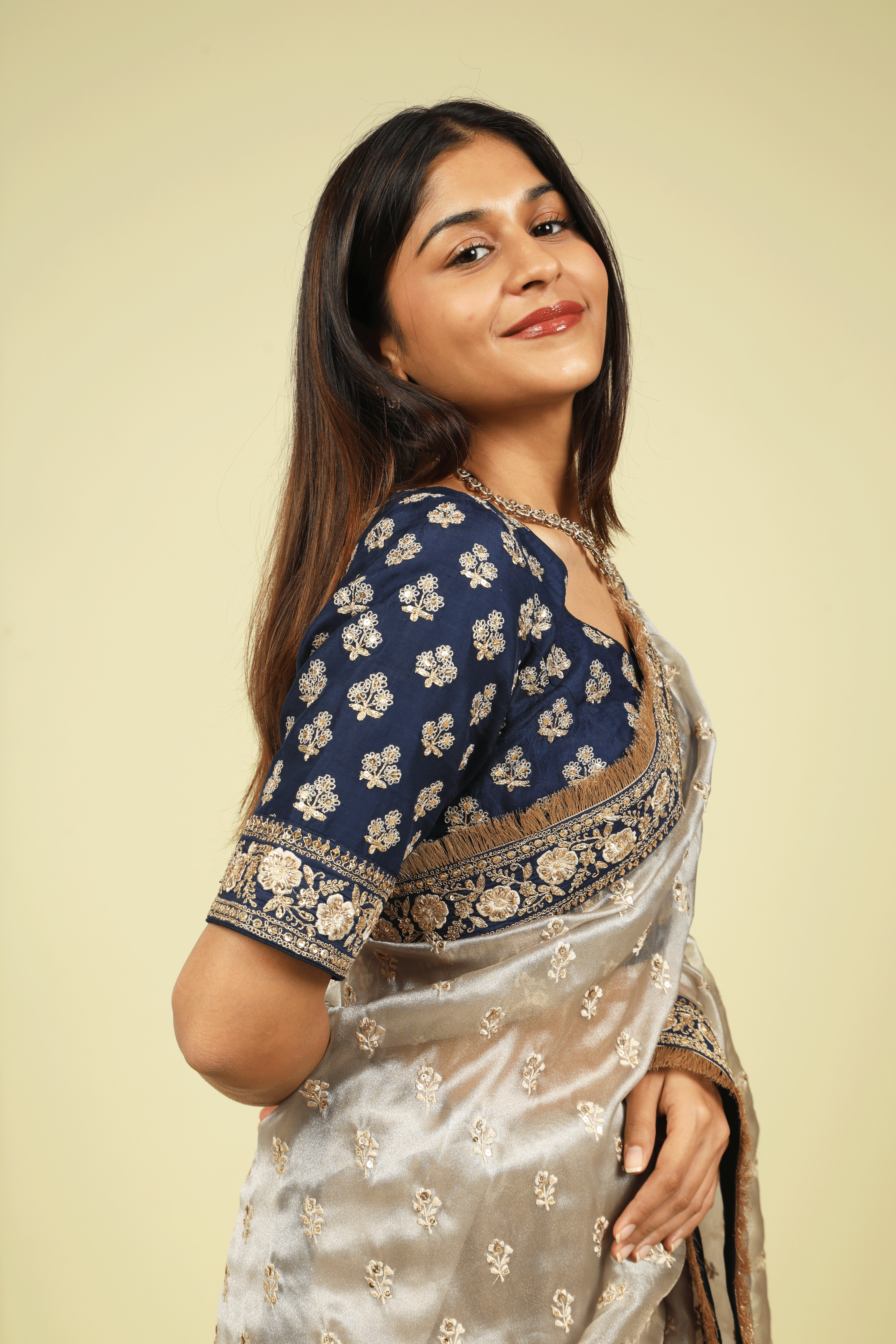 Silver Tissue Saree with Thread Motifs, Sequin Highlights & Contrast Embroidered Border