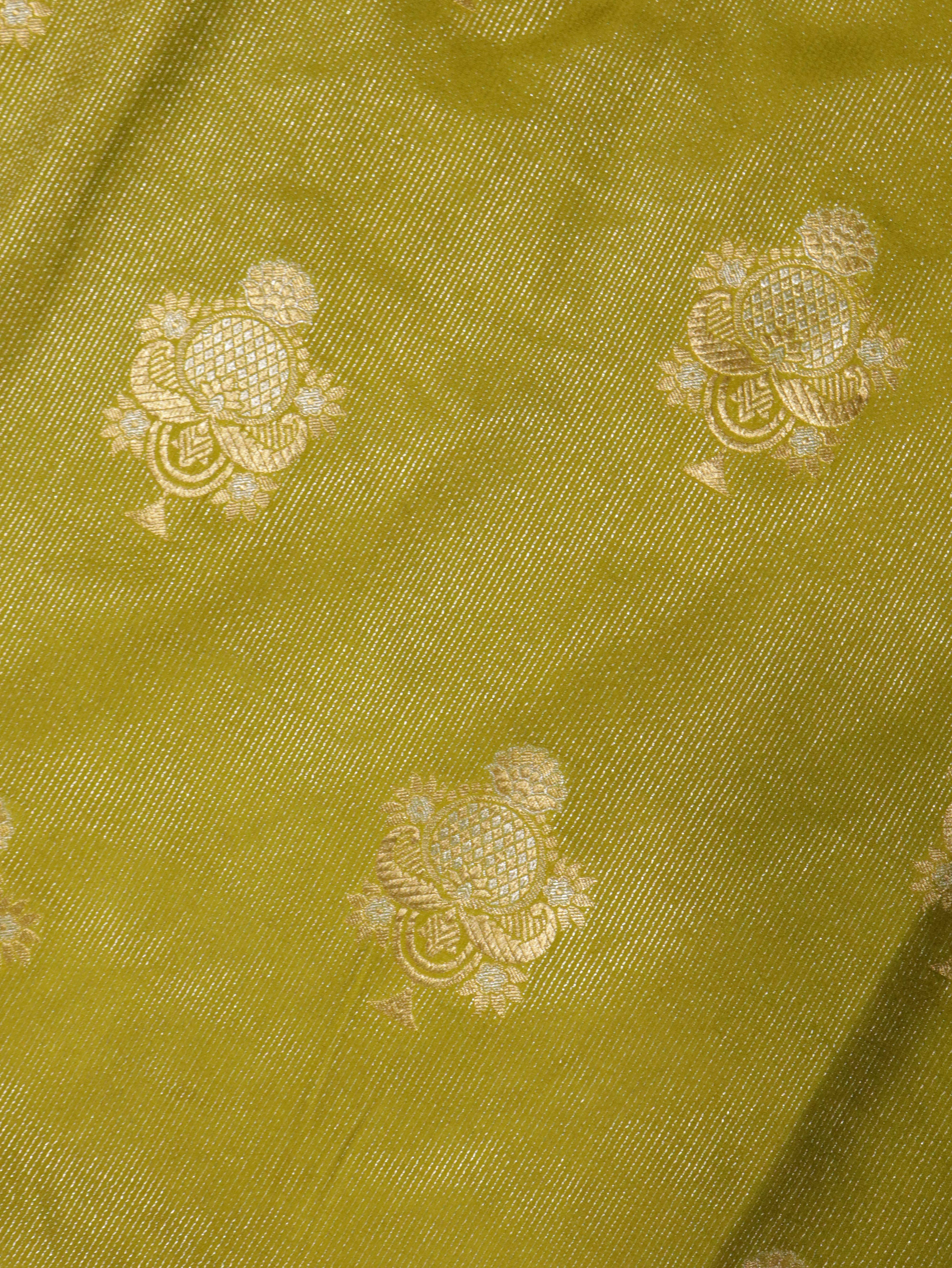 Parrot Green Banarasi Mushroom Silk Saree with Silver Zari Weaving & Gold Zari Butta