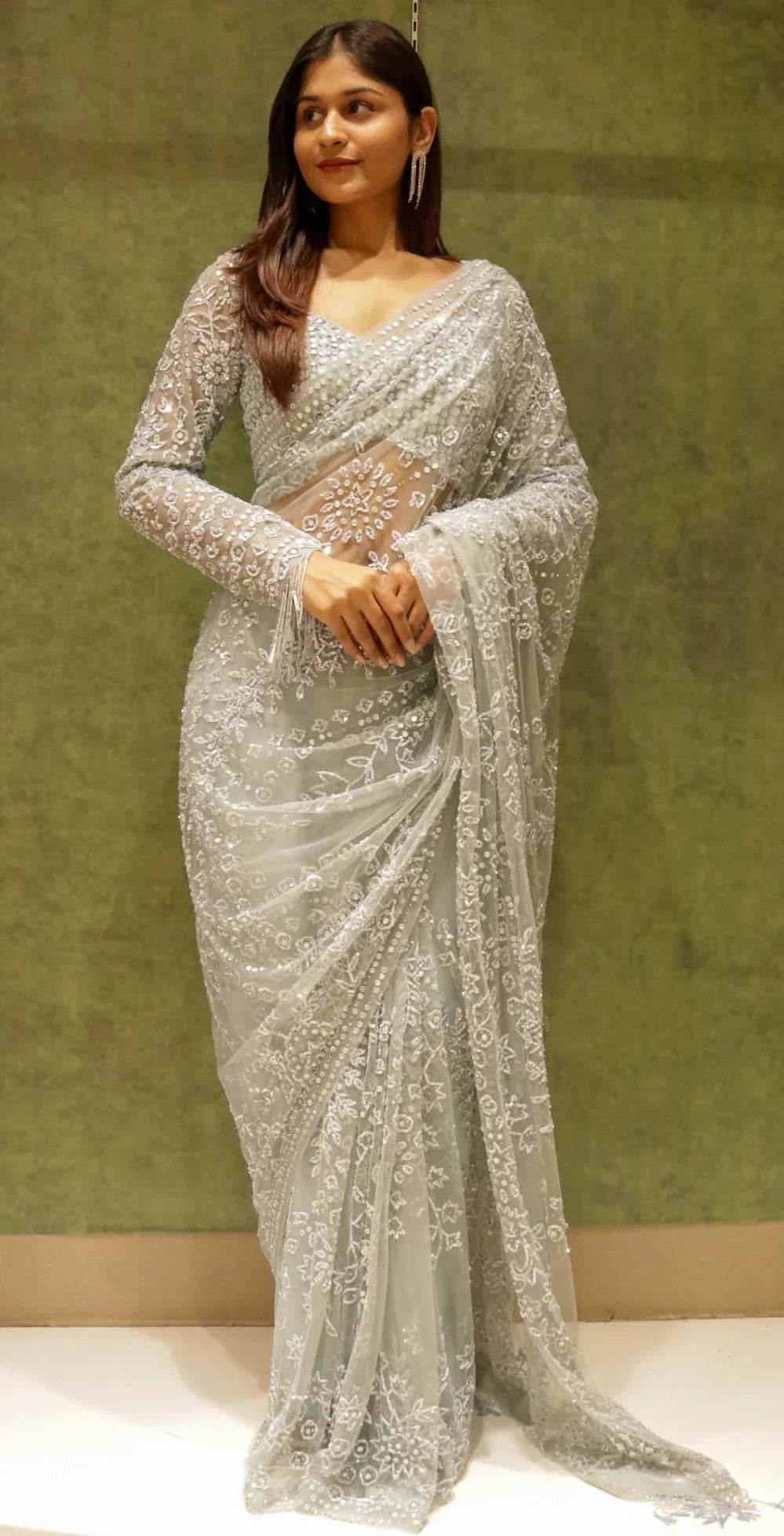 Ice Blue Net Saree with All-Over Sequins & Stone Work - Mokshaa