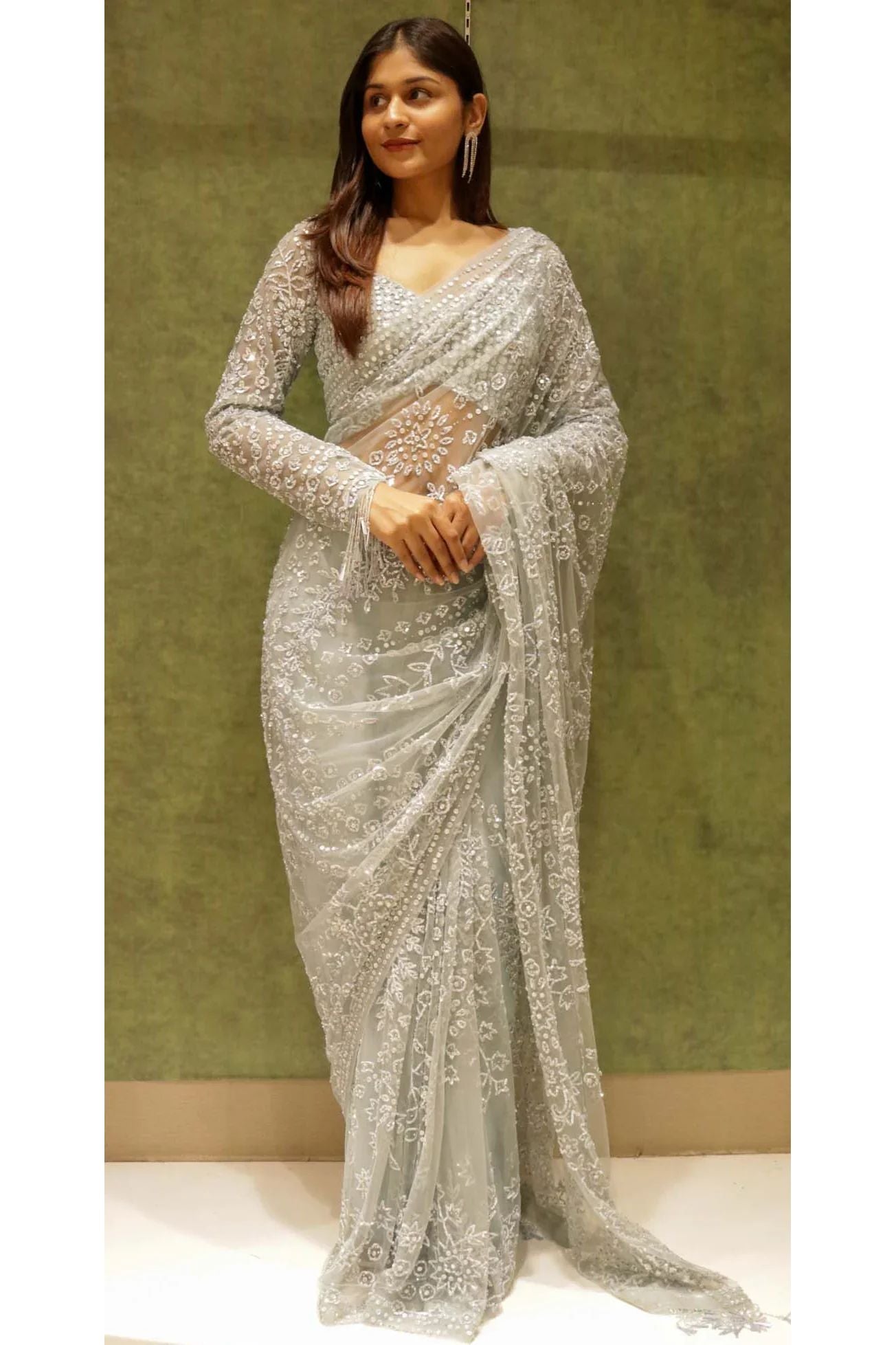 Ice Blue Net Saree with All-Over Sequins & Stone Work - Mokshaa