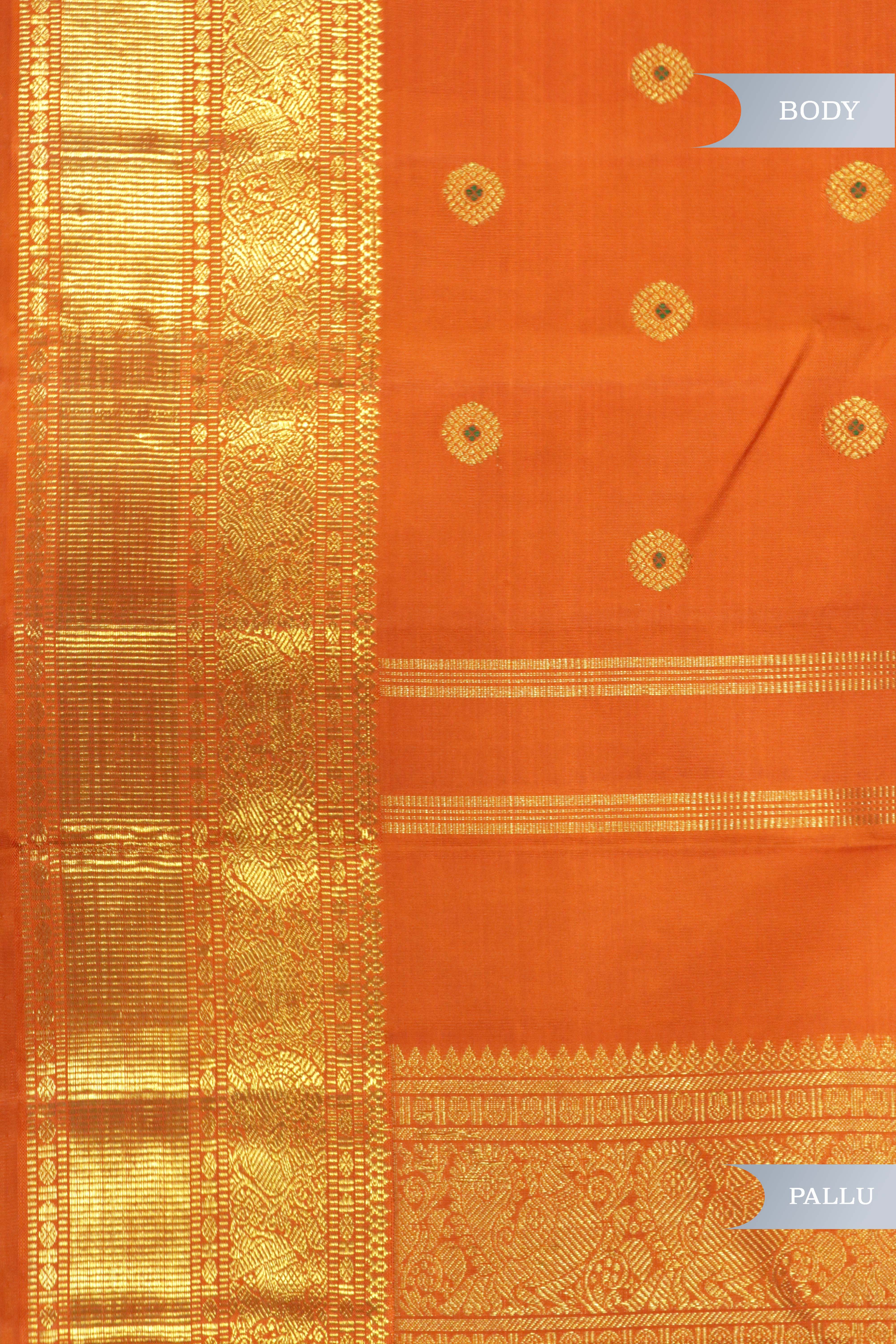 Orange Kanchipuram Silk Saree with All-Over Motifs and Zari Border