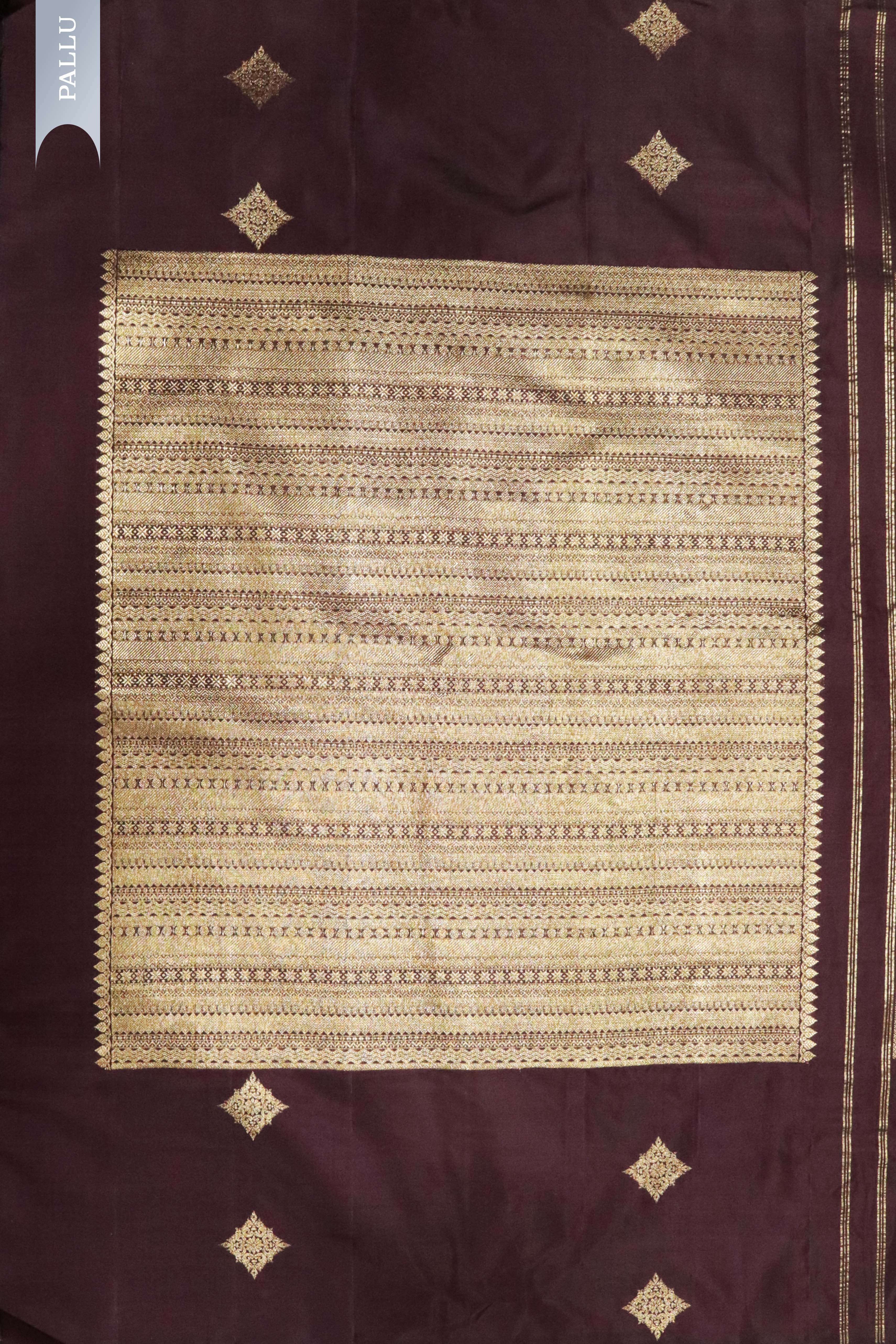 Brown Kanchipuram Silk Saree with Gold Geometrical Lines and Zari Motif Border