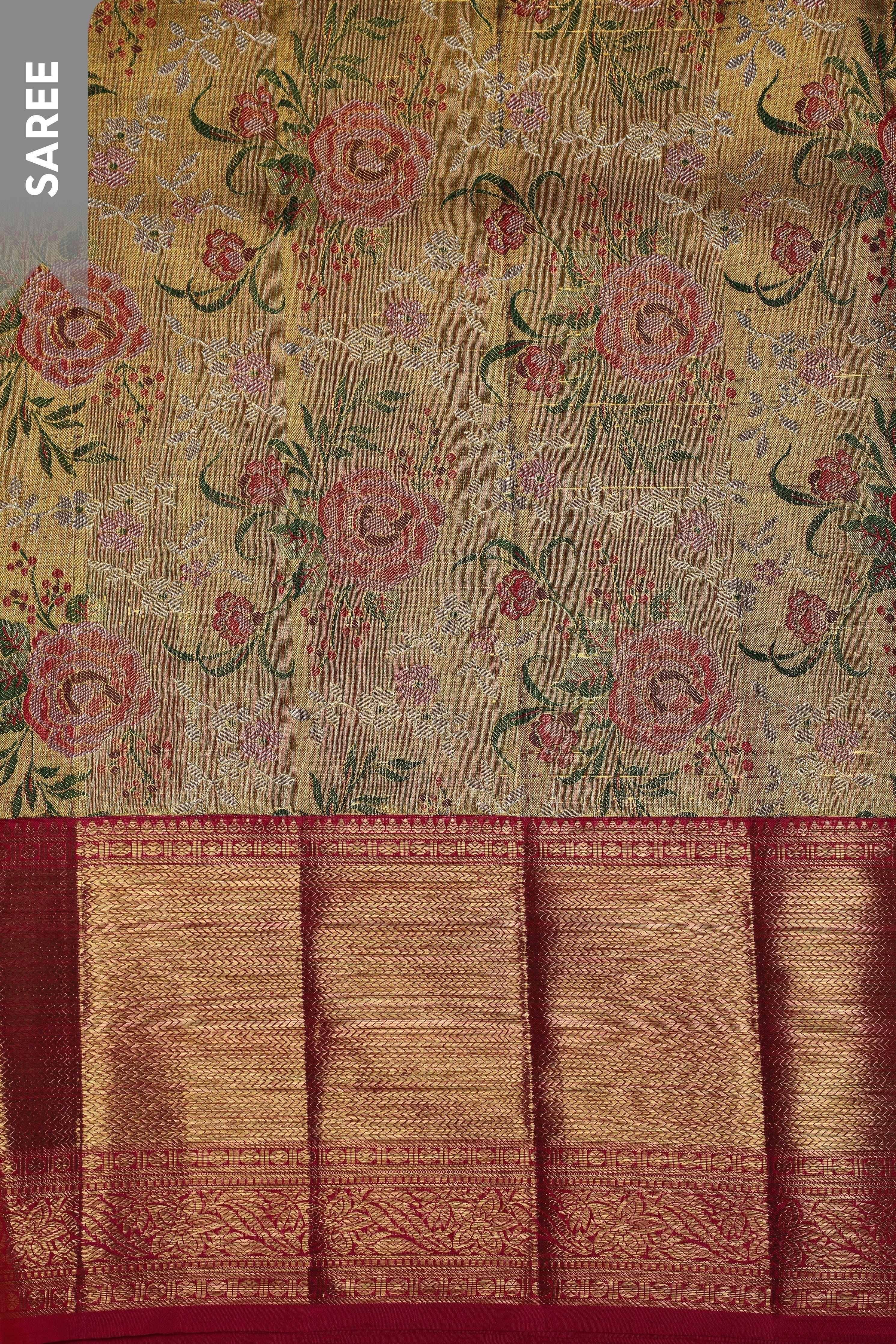 Antique Gold Tissue Silk Saree with Meenakari and Hot Pink Border  Mokshaa