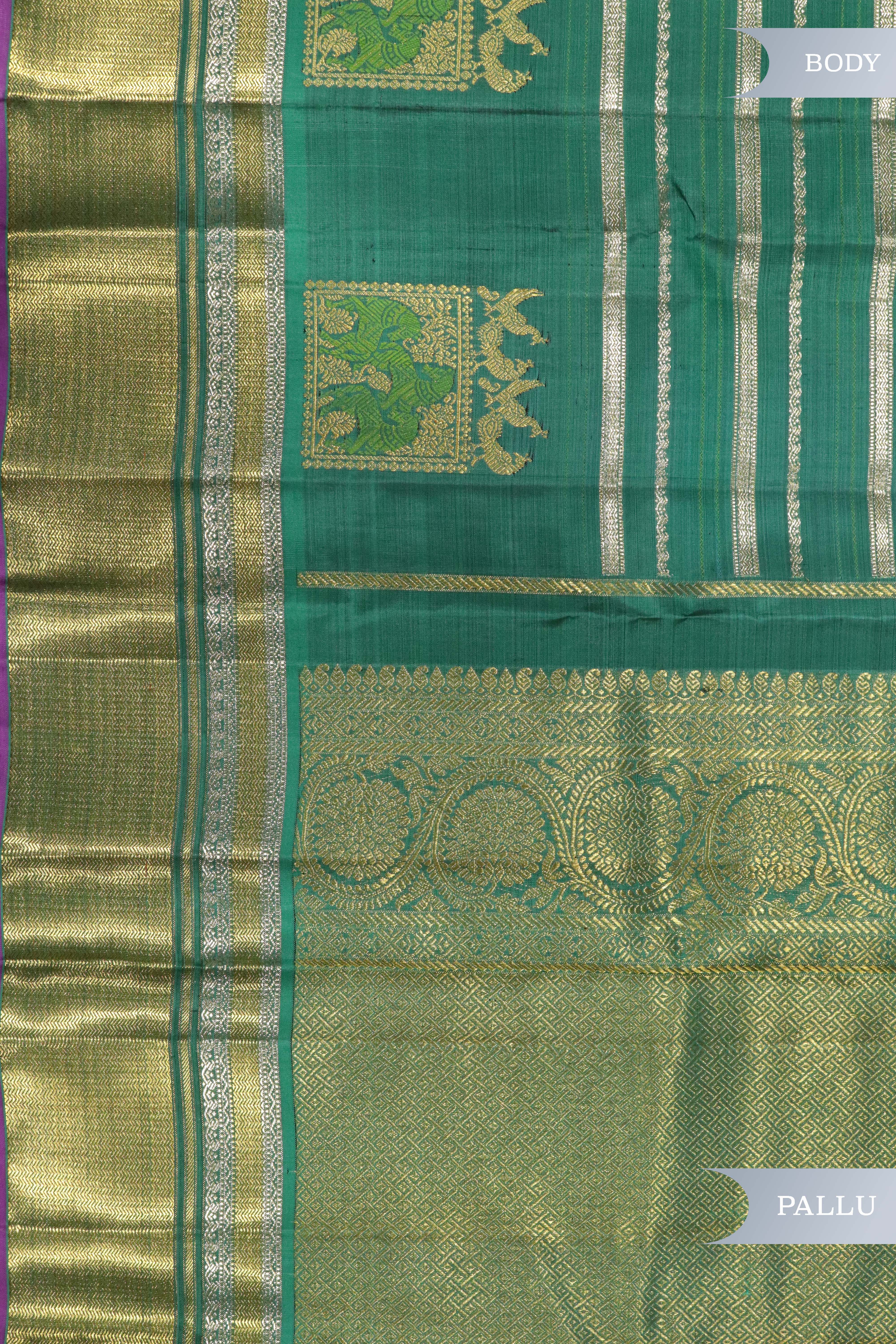 Teal Blue Kanchipuram Silk Saree with Silver Zari Stripes and Zari Border