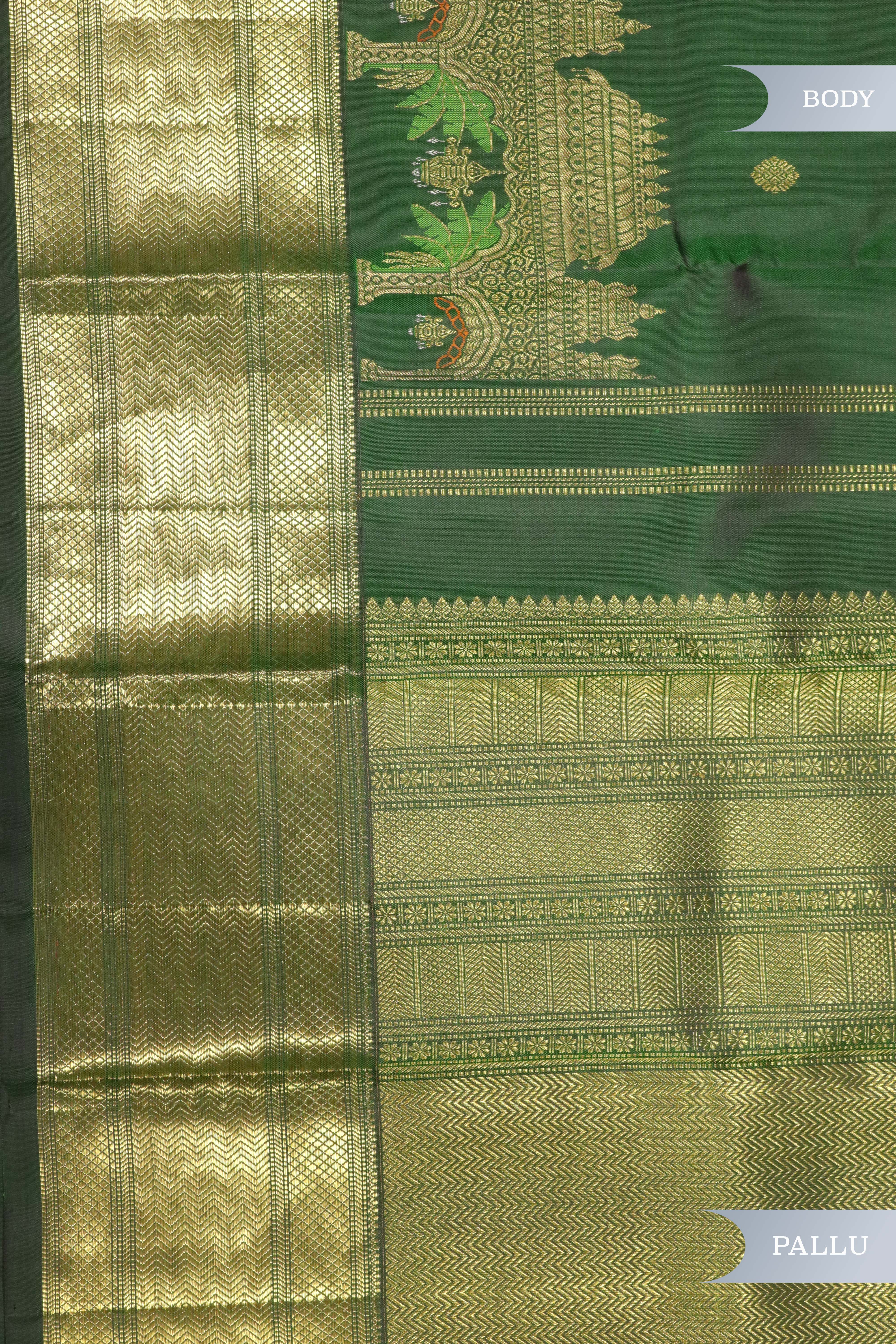 Bottle Green Kanchipuram Silk Saree with Thread Meenakari Motifs and Long Zari Border