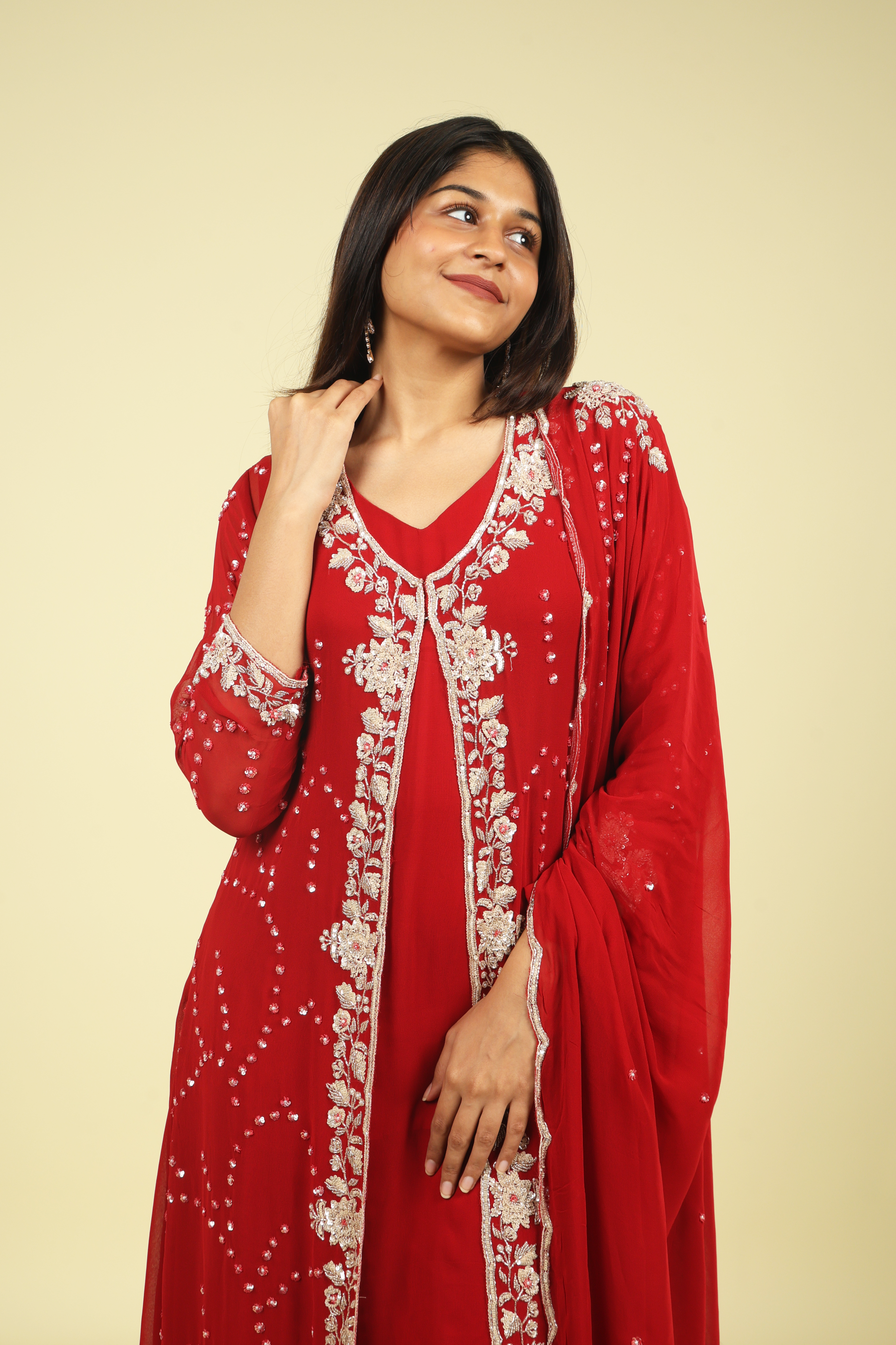 Red Georgette Anarkali Cape Set with Sequin, Cutdana & Pearl Embroidery