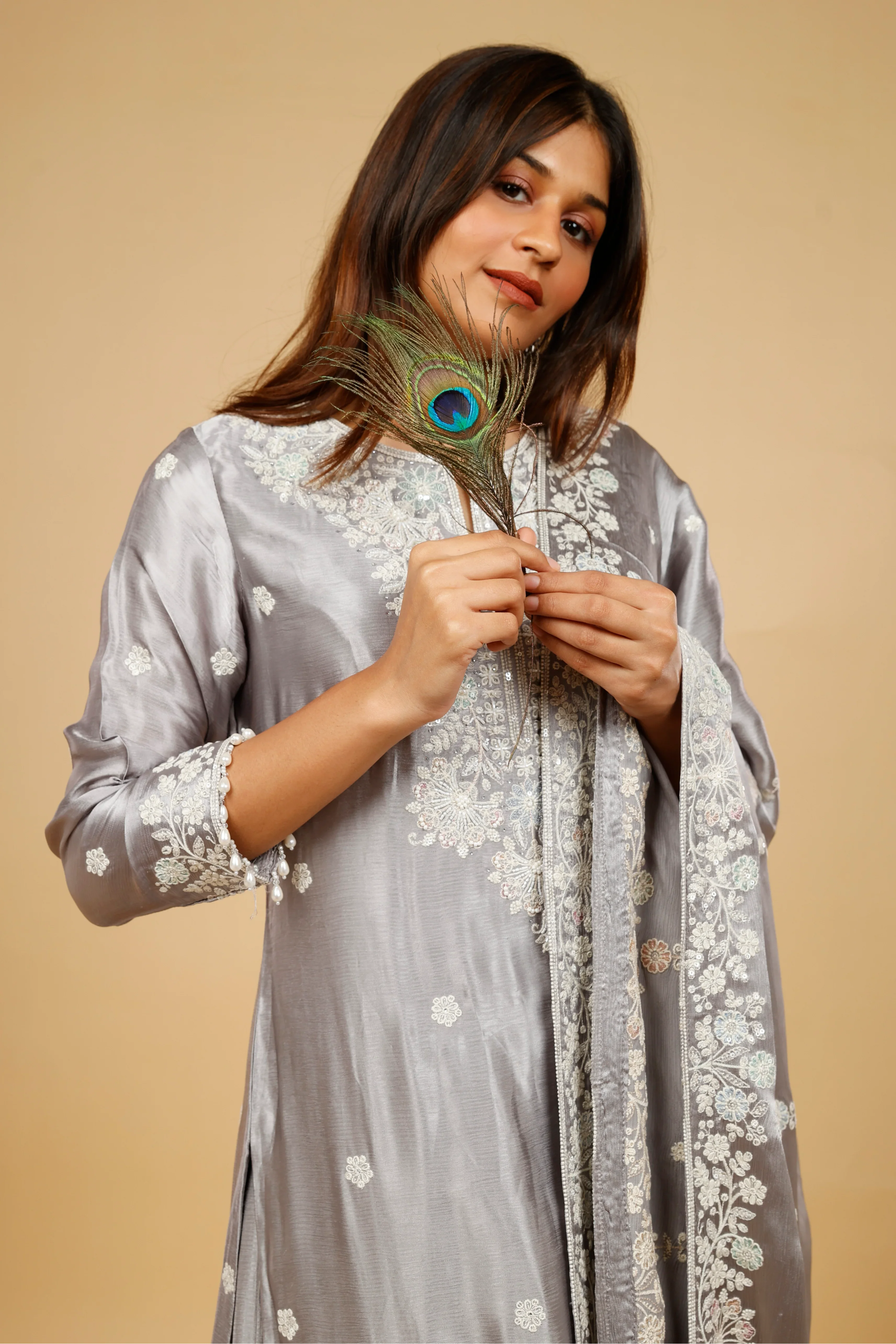 Silver Grey Chinon Silk Sharara Set with Thread, Pearl & Sequin Embroidery - Mokshaa