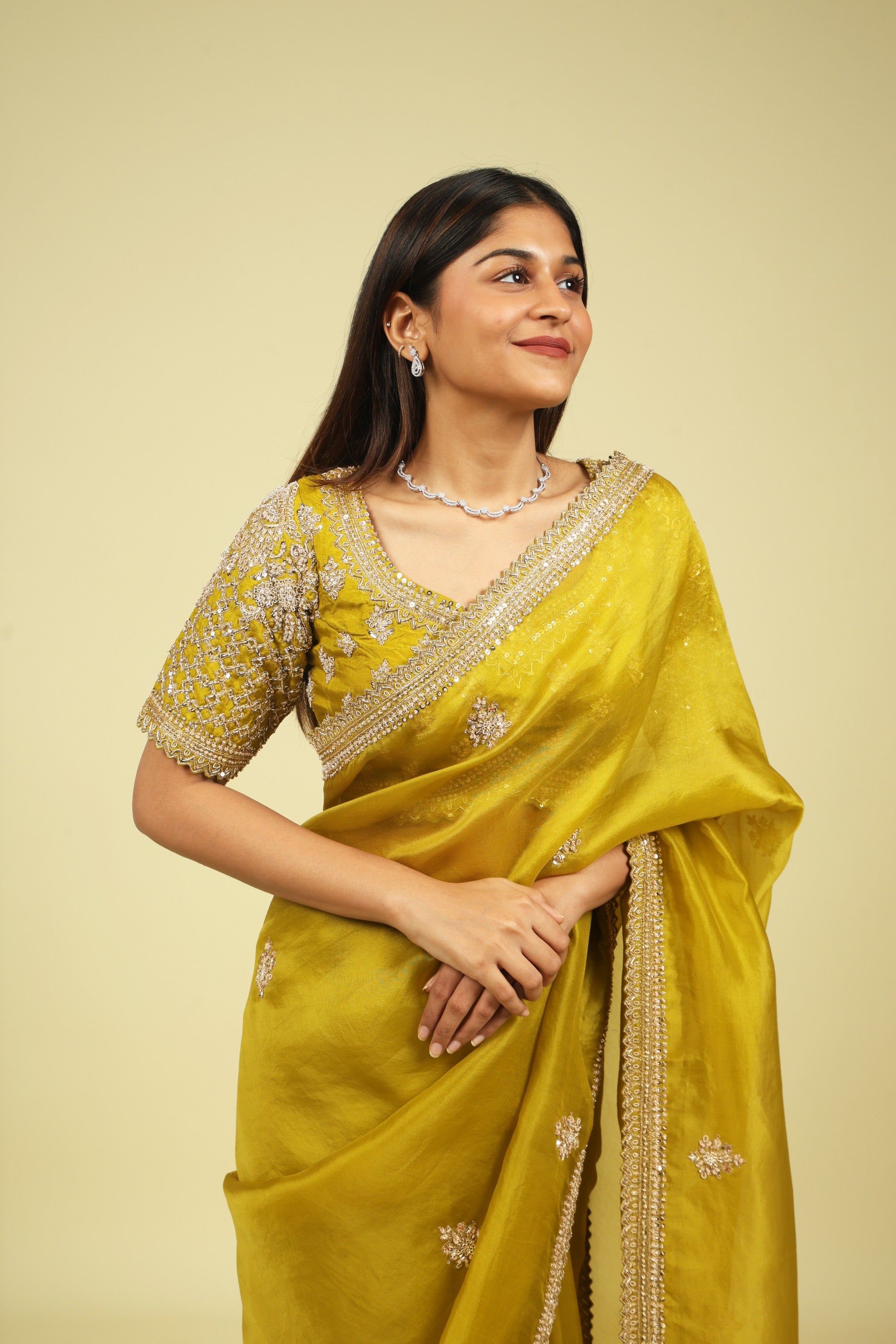 Lime Green Organza Saree with Zardoosi, Sequin Buttas & Embroidered Border