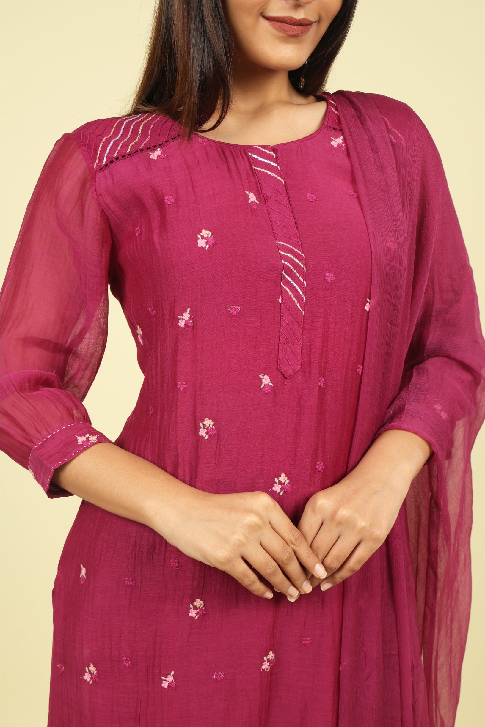 Magenta Mul Chanderi Straight Cut Salwar Set with Chiffon Dupatta