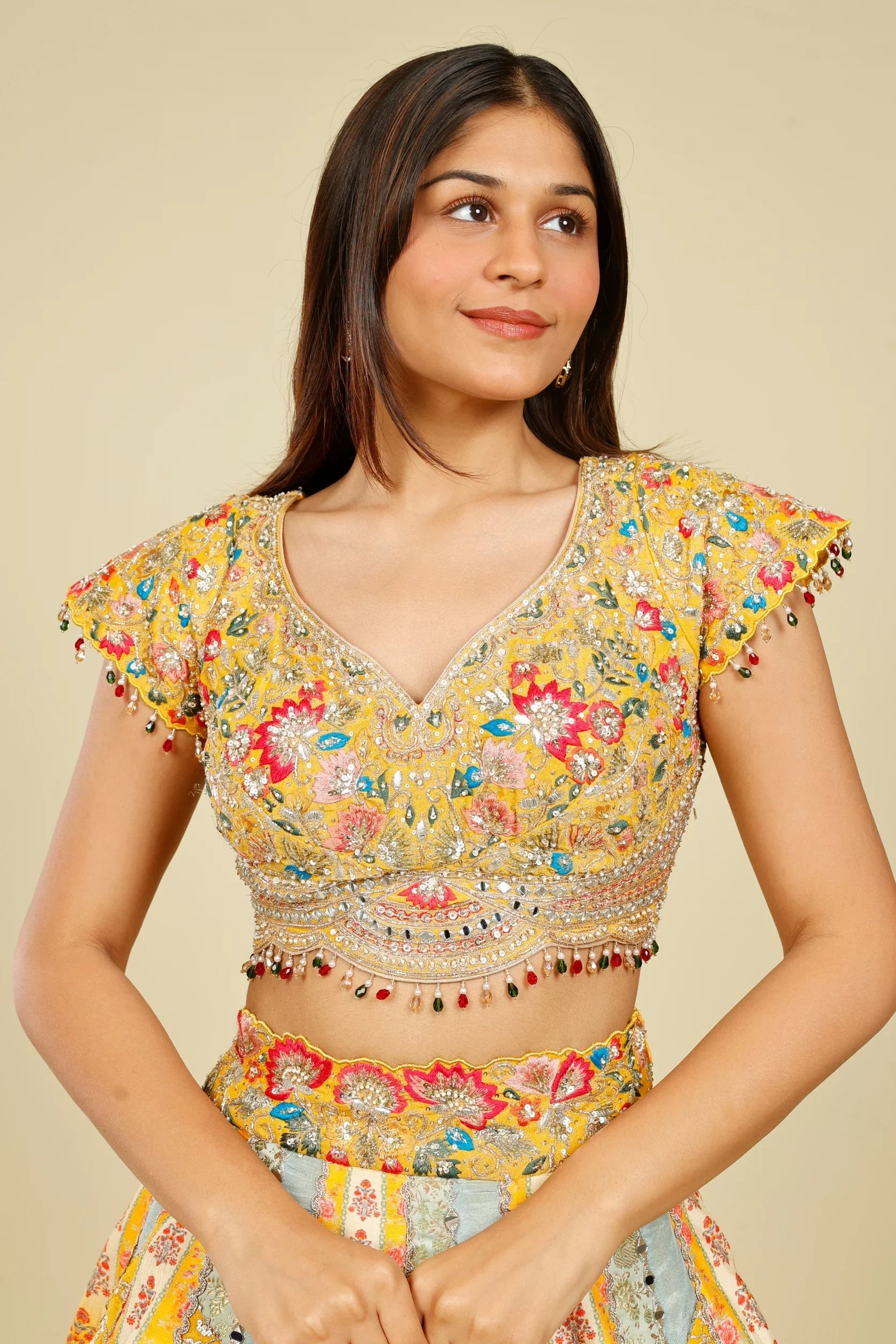 Multicolour Printed Silk Patchwork Lehenga Set with Mirror & Zari Embroidery | Mokshaa