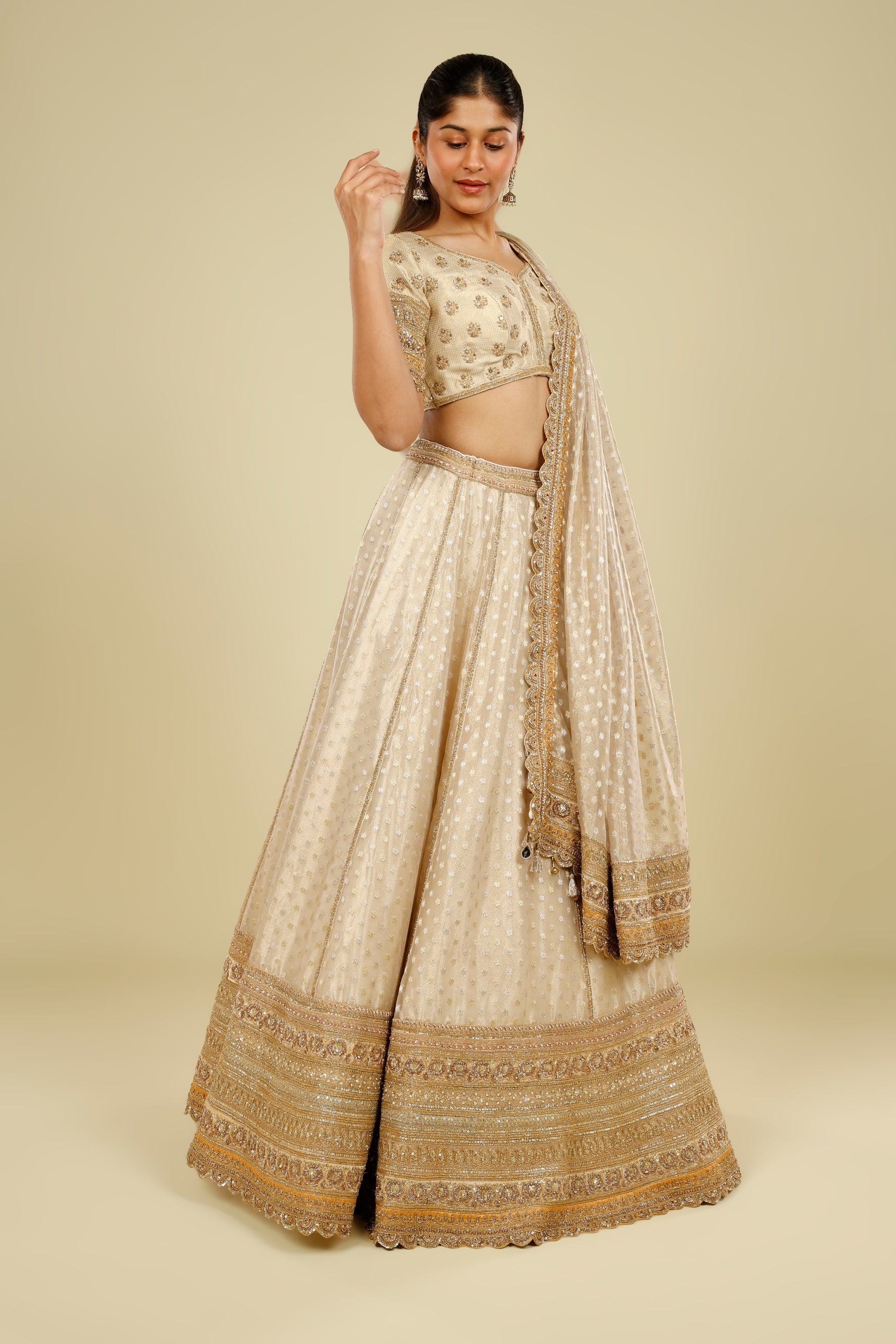 Ivory Banarasi Tissue Organza Lehenga Set with Zardozi, Zari & Sequin Embroidery