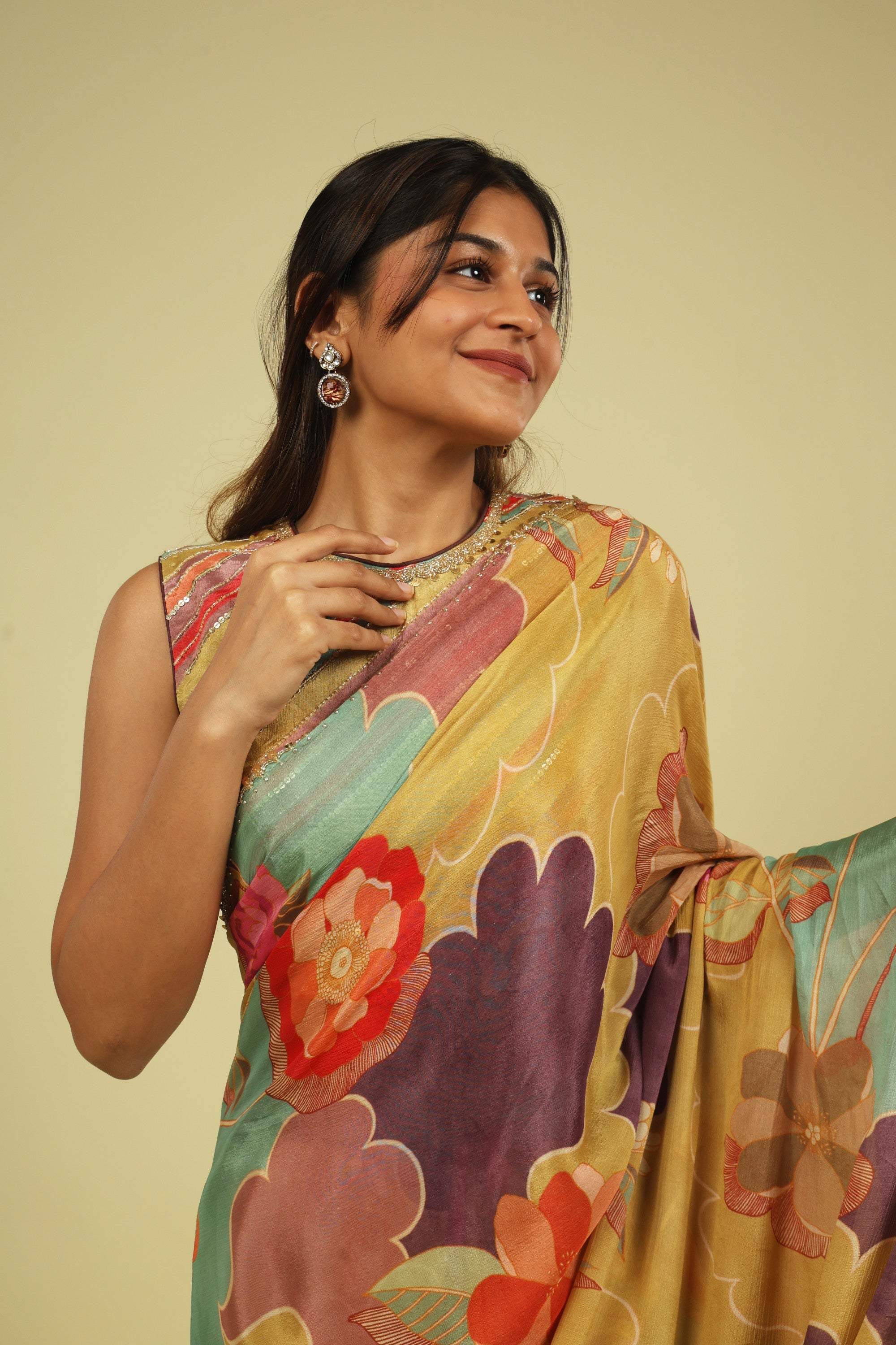 Multicolour Silky Georgette Saree with Digital Print & Bead-Sequin Border