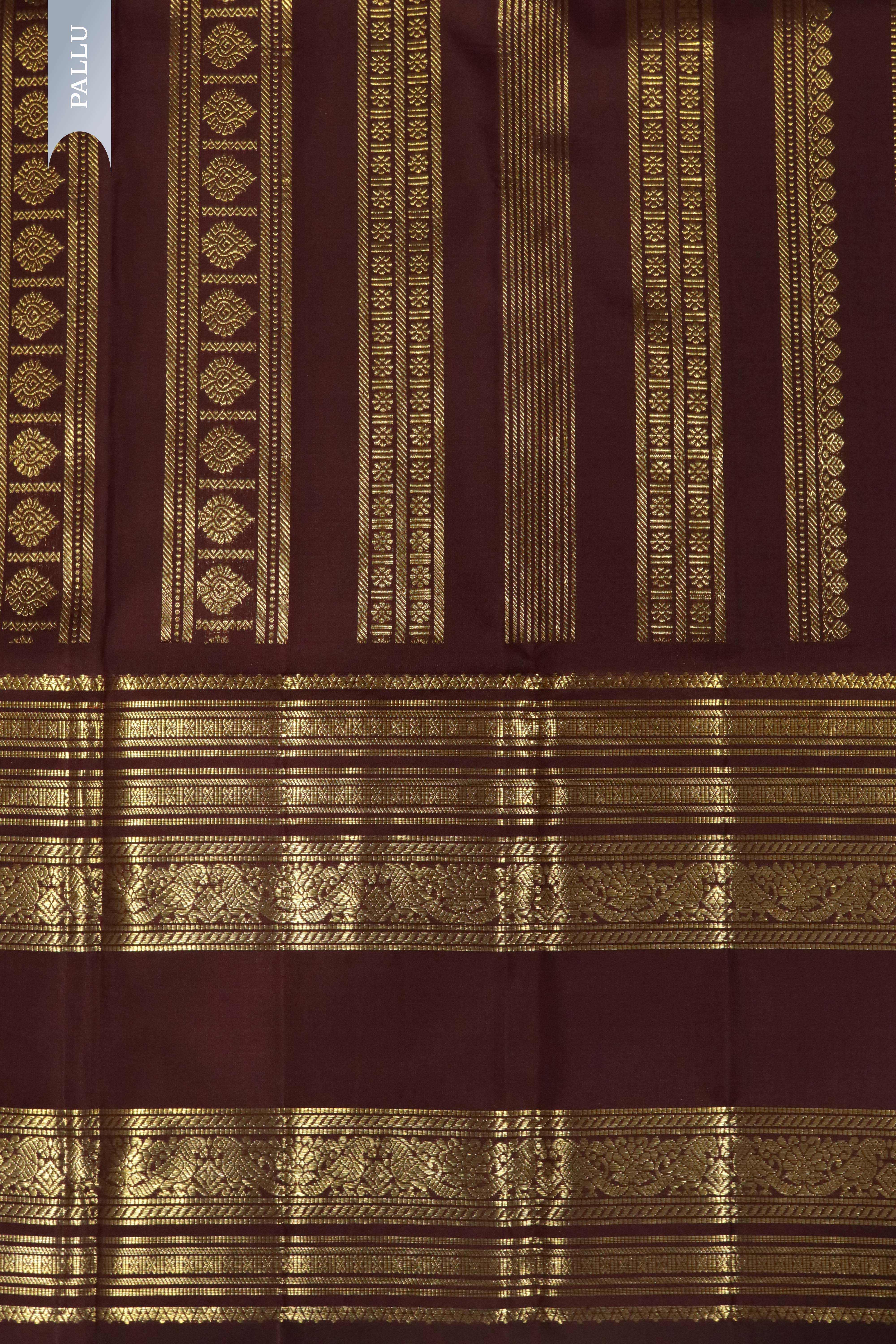 Chocolate Brown Kanchipuram Silk Saree with Zari Checks, Motifs & Long Zari Border