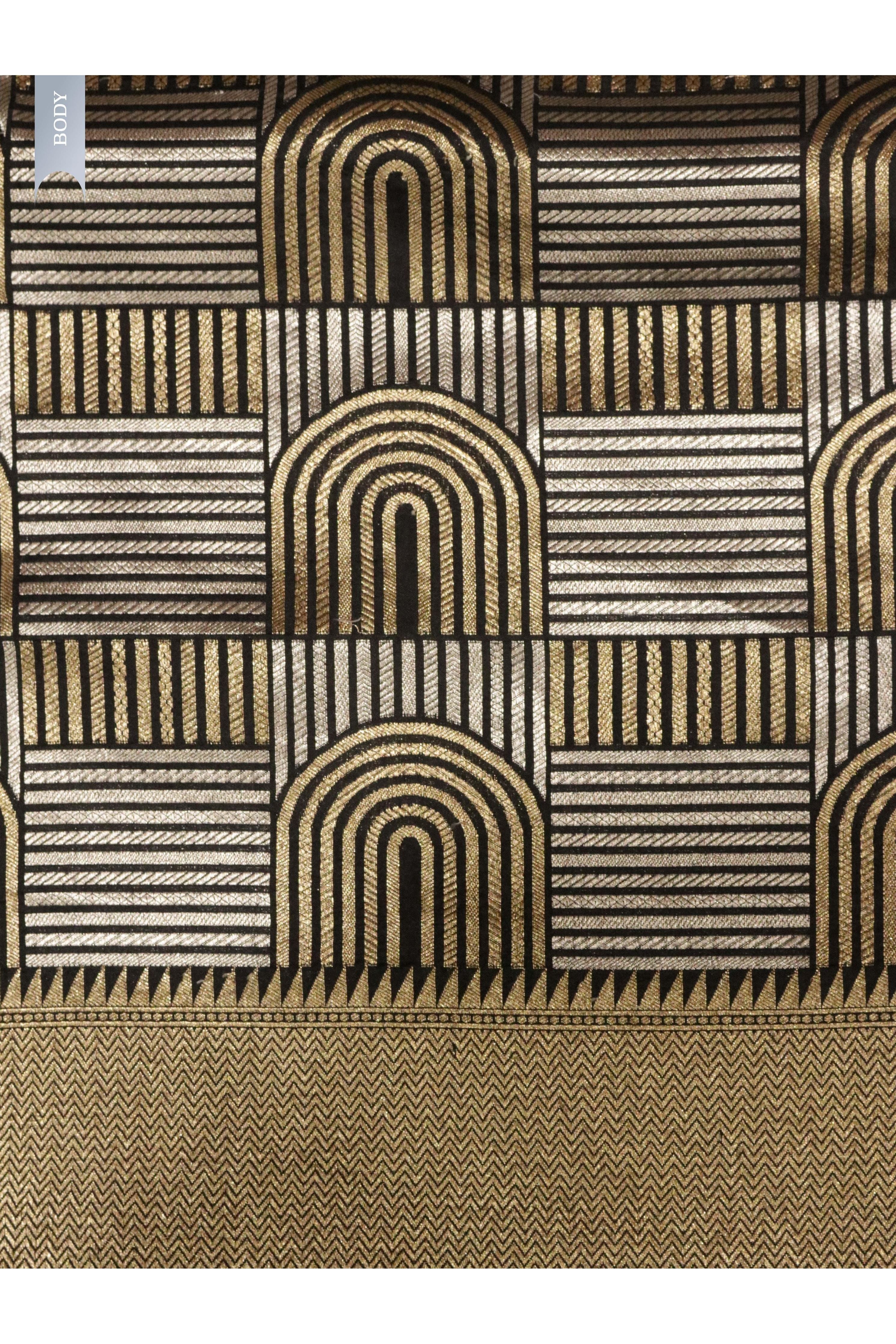 Black Banarasi Silk Saree with Gold & Silver Zari Box Weaving - Mokshaa