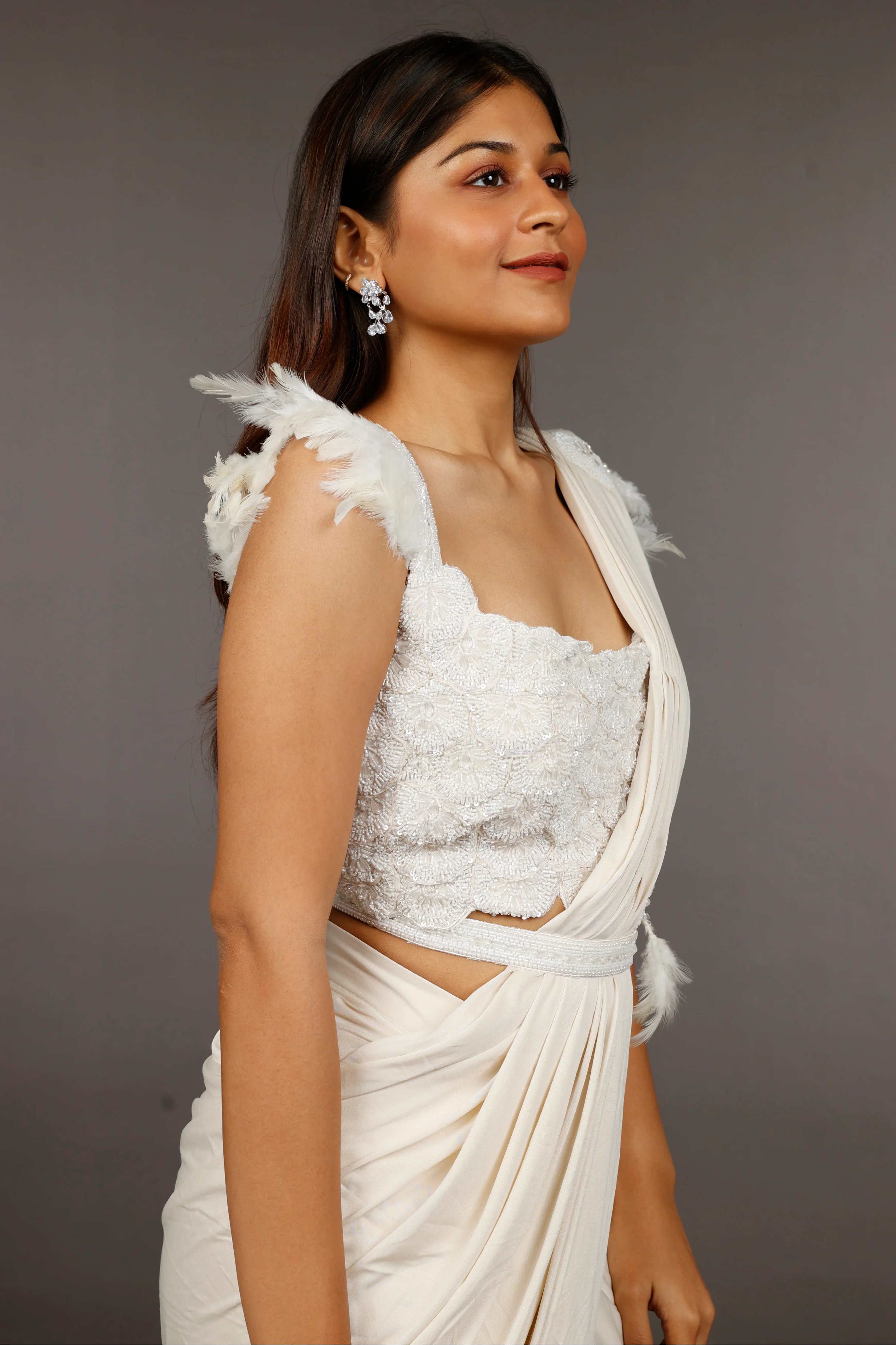 Ivory Lycra Silk Drape Saree with Feather and Pearl Embroidery - Mokshaa