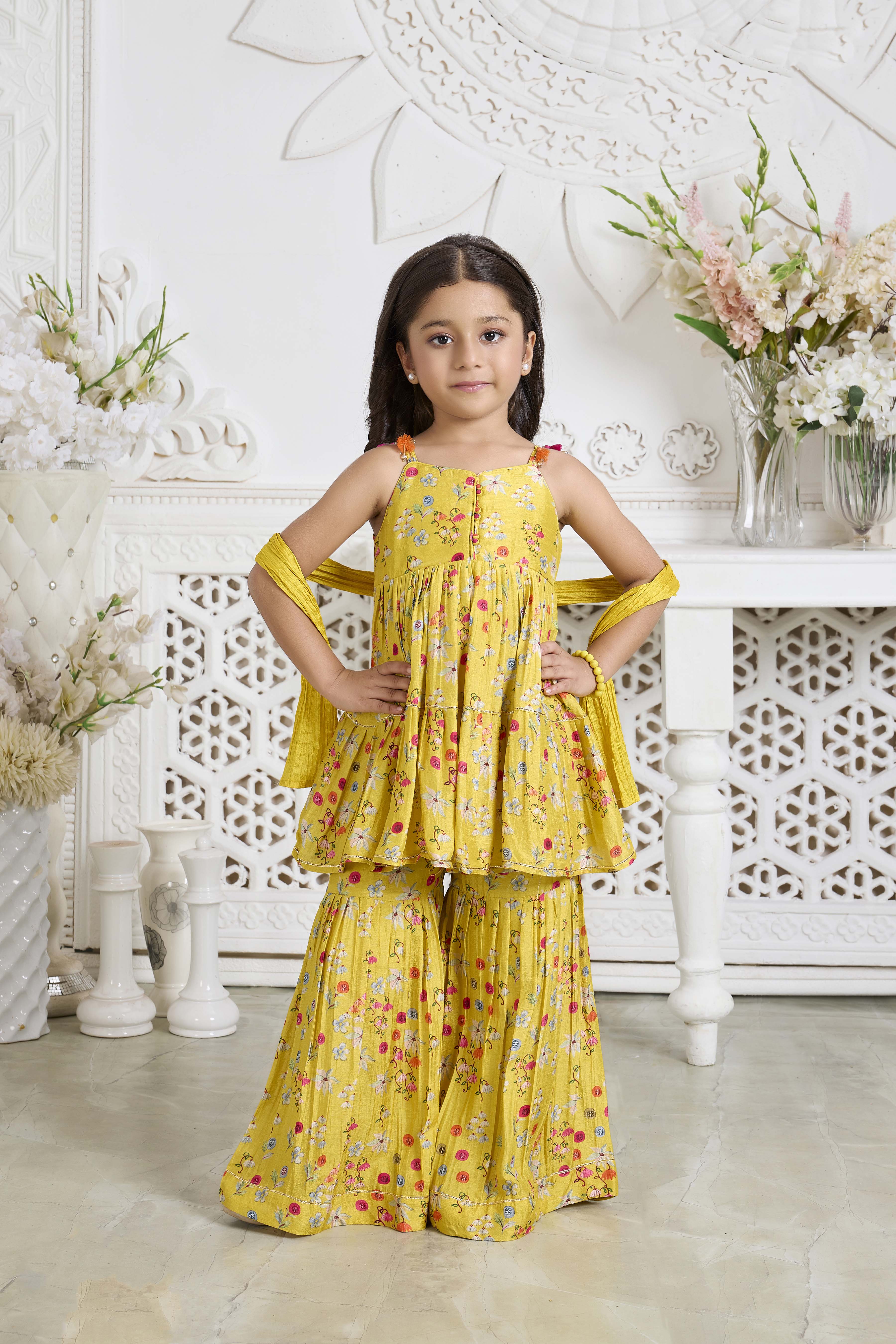 Mustard Floral Print Georgette Sharara Set