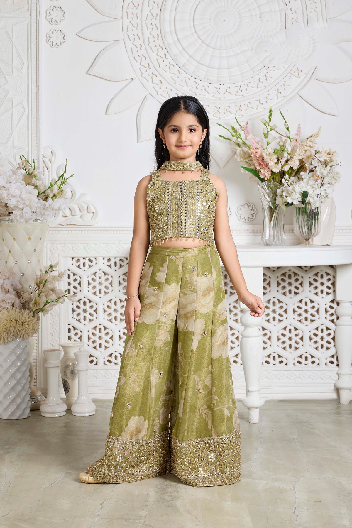 Olive Green Floral Palazzo Set - Mokshaa
