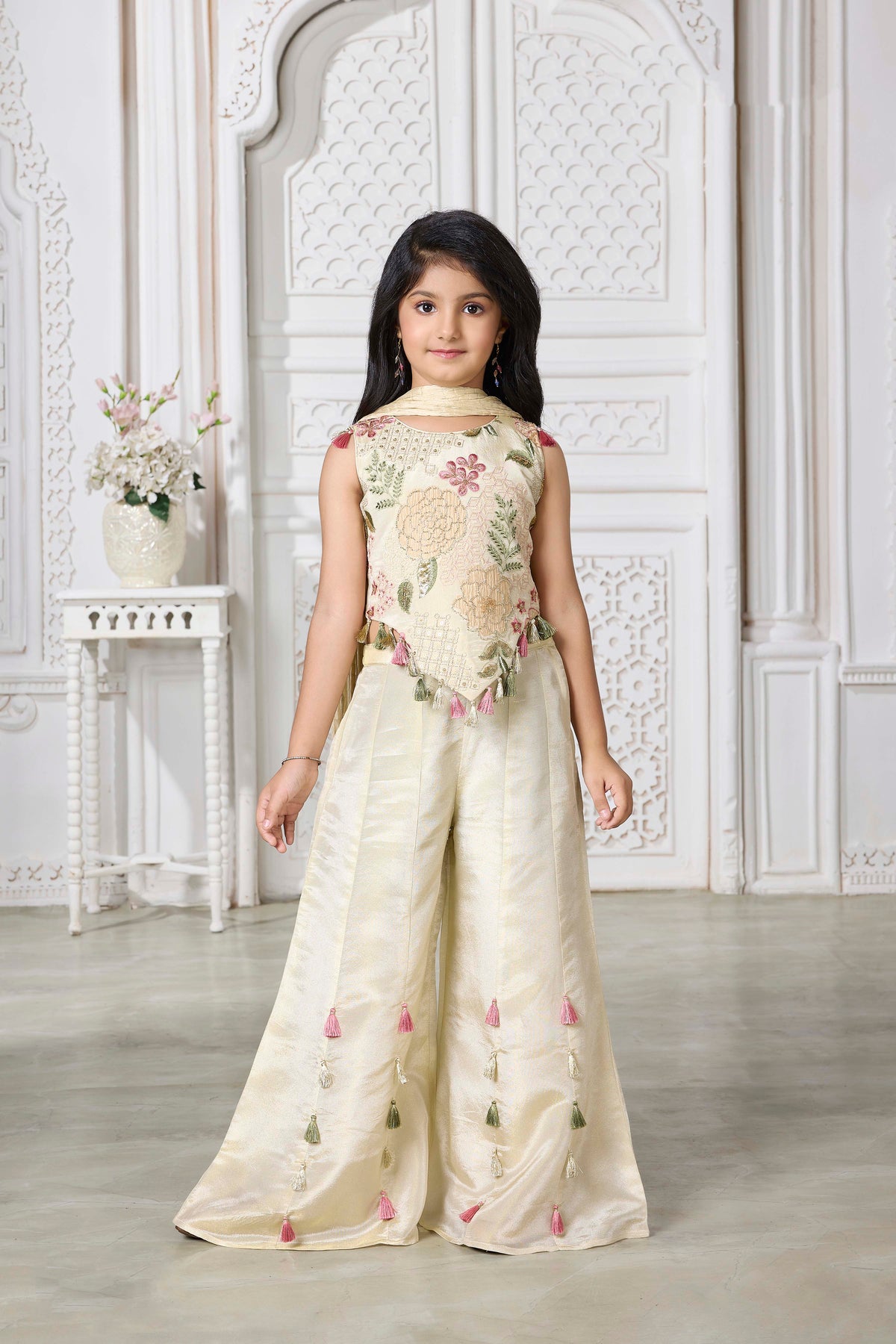 Ivory Floral Embroidered Palazzo Set - Mokshaa