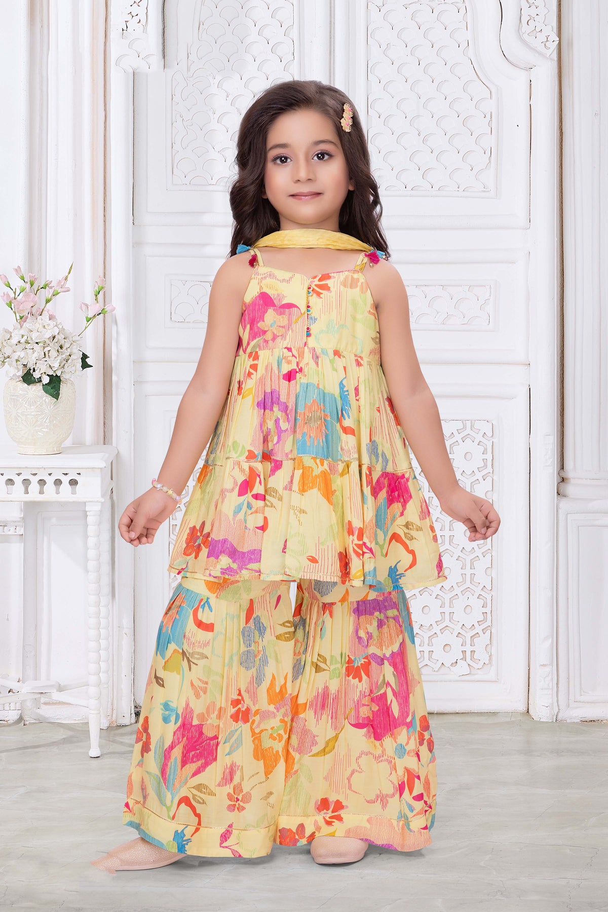 Yellow Multicolor Floral Crepe Sharara Set