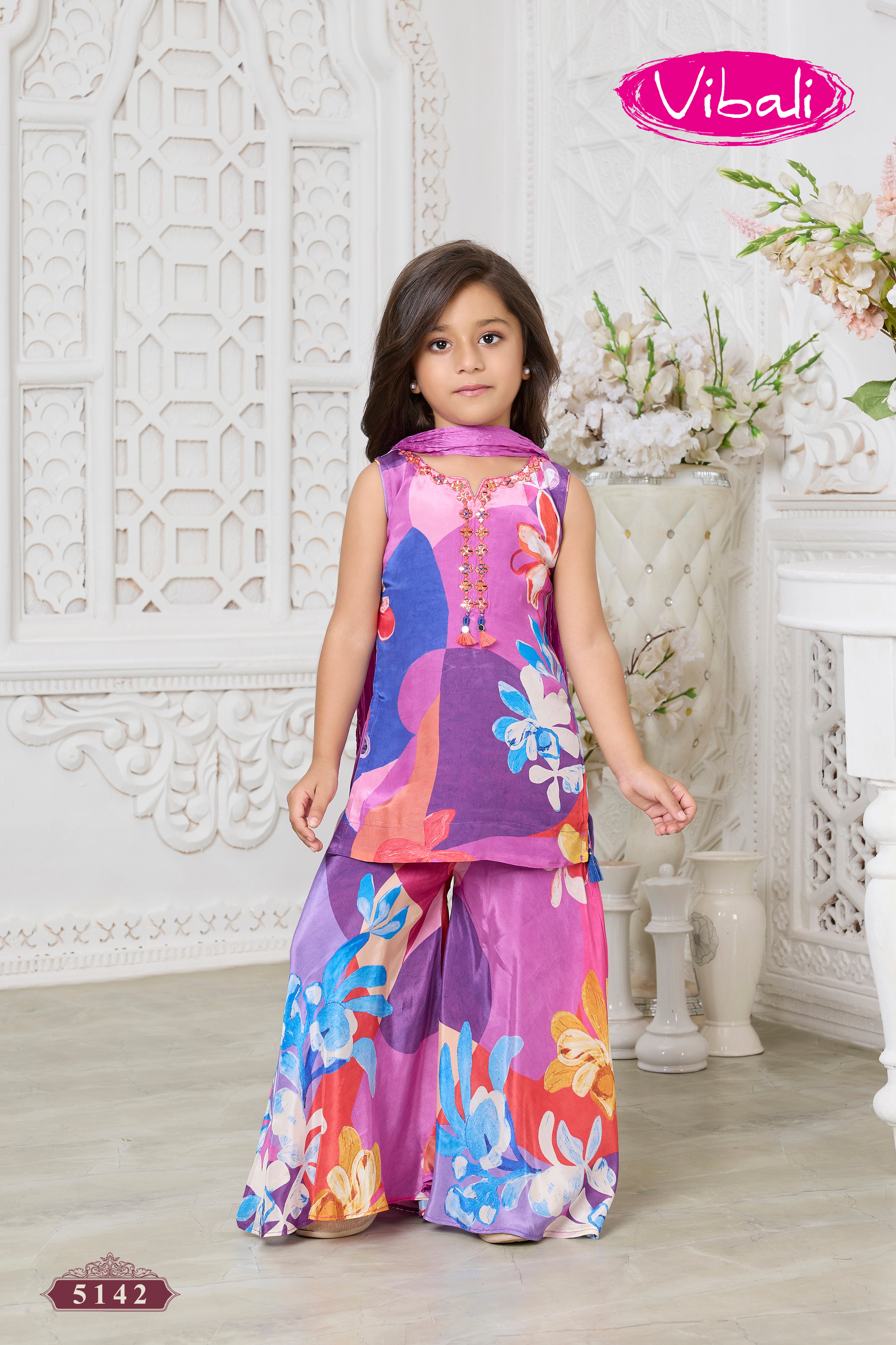 Purple Multicolor Floral Crepe Sharara Set