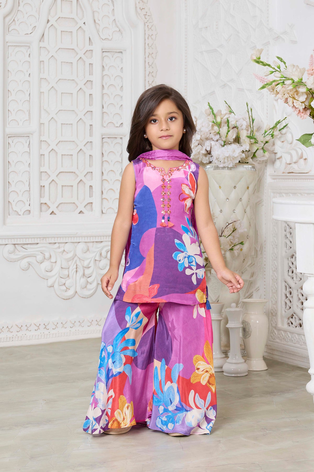 Purple Multicolor Floral Crepe Sharara Set