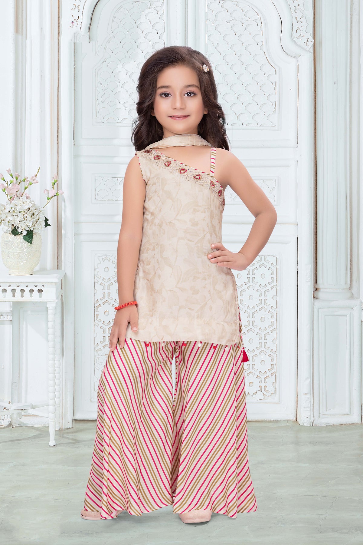 Cream Striped Sharara Set