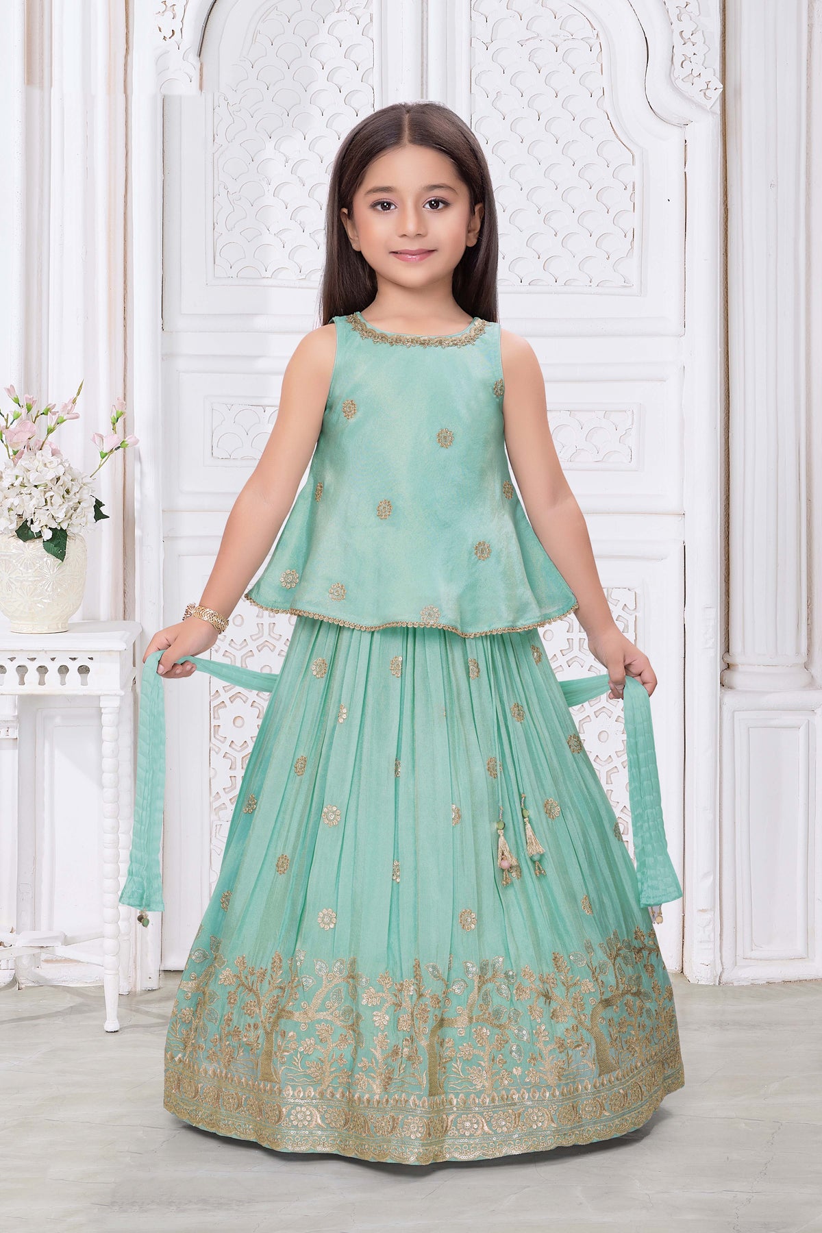Aqua Green Shimmer Tissue Lehenga