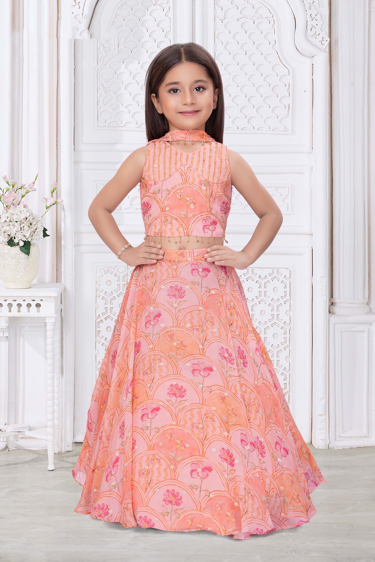 Peach Organza Floral Print Lehenga