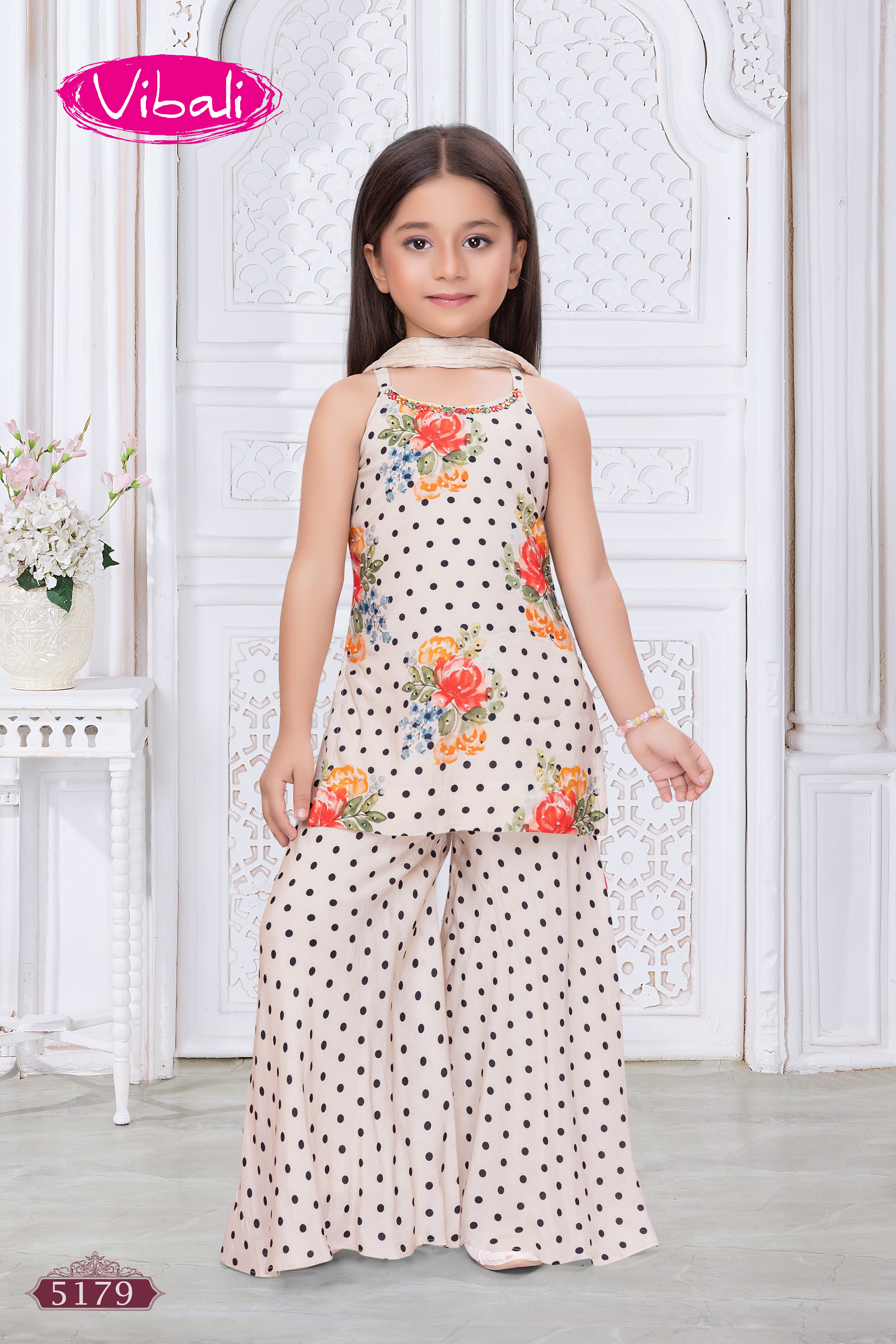 Cream Polka Dot Floral Crepe Palazzo Set