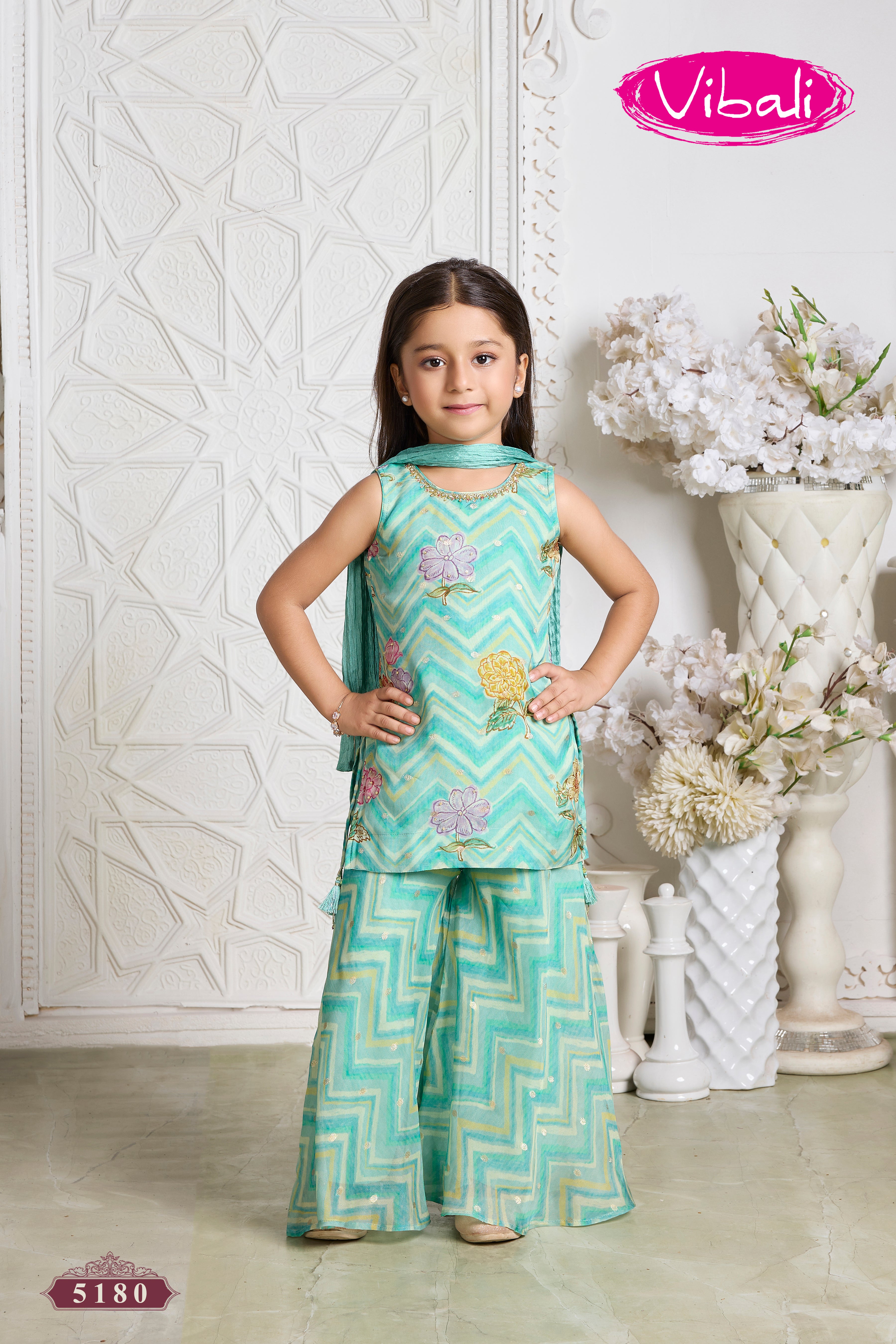 Sea Green Chevron Floral Organza Sharara Set