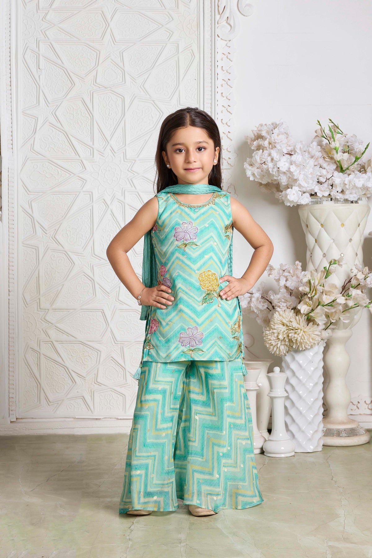 Sea Green Chevron Floral Organza Sharara Set