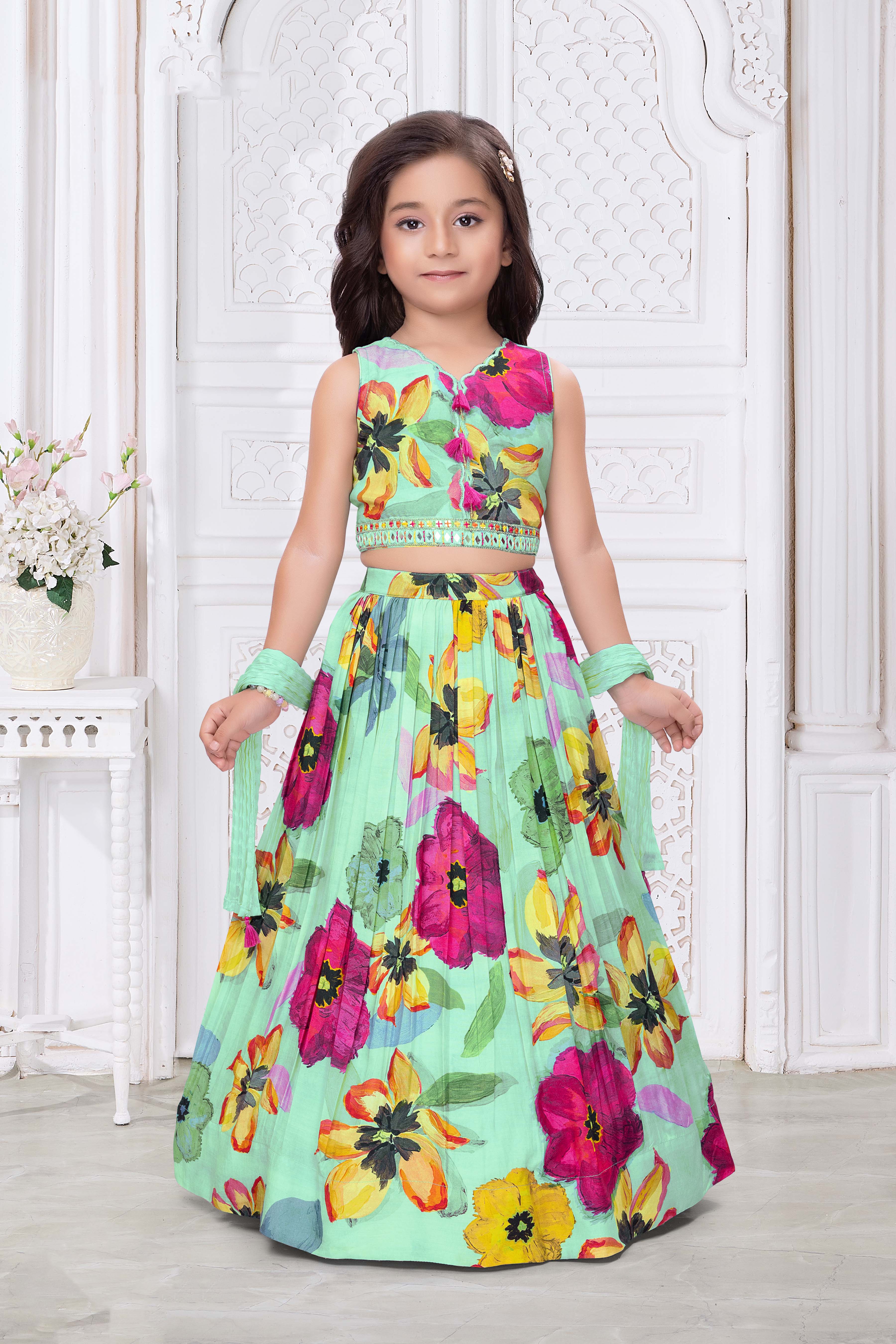 Mint Green Floral Print Crepe Lehenga