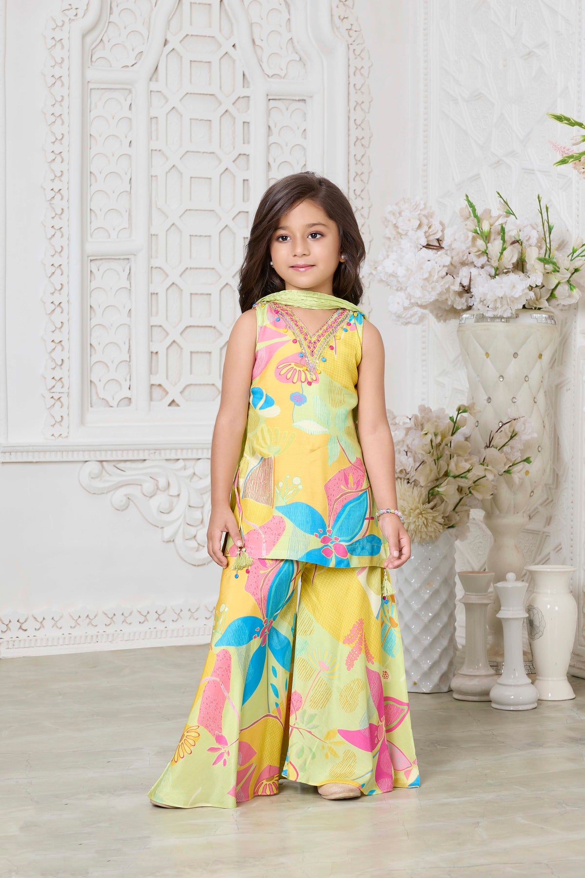 Green Multicolor Floral Crepe Sharara Set