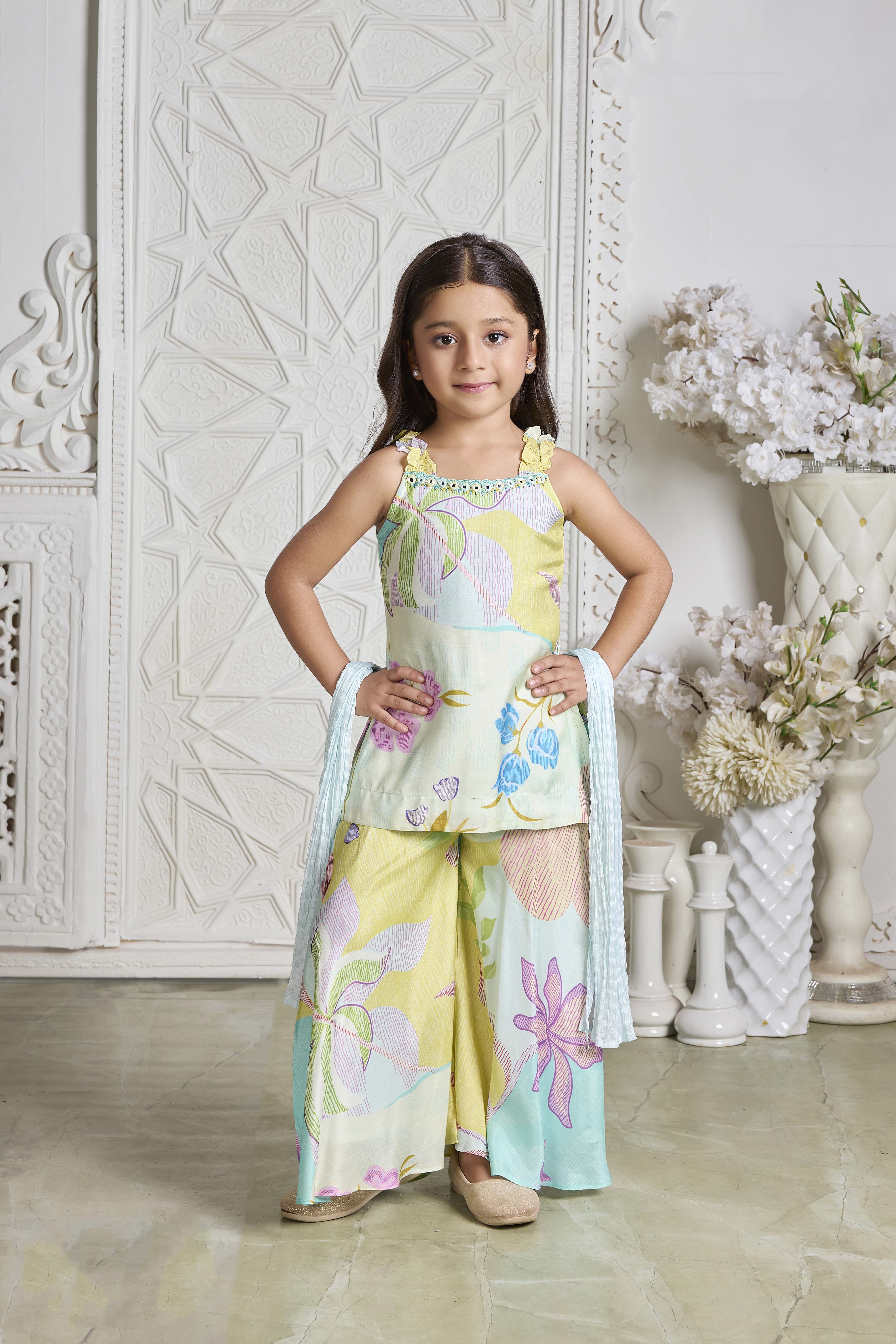 Aqua Multicolor Floral Print Crepe Palazzo Set