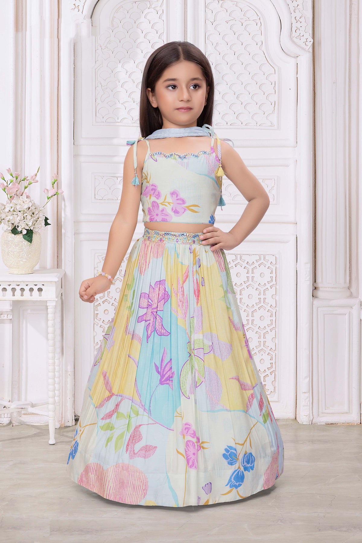 Blue Multicolor Floral Print Crepe Lehenga