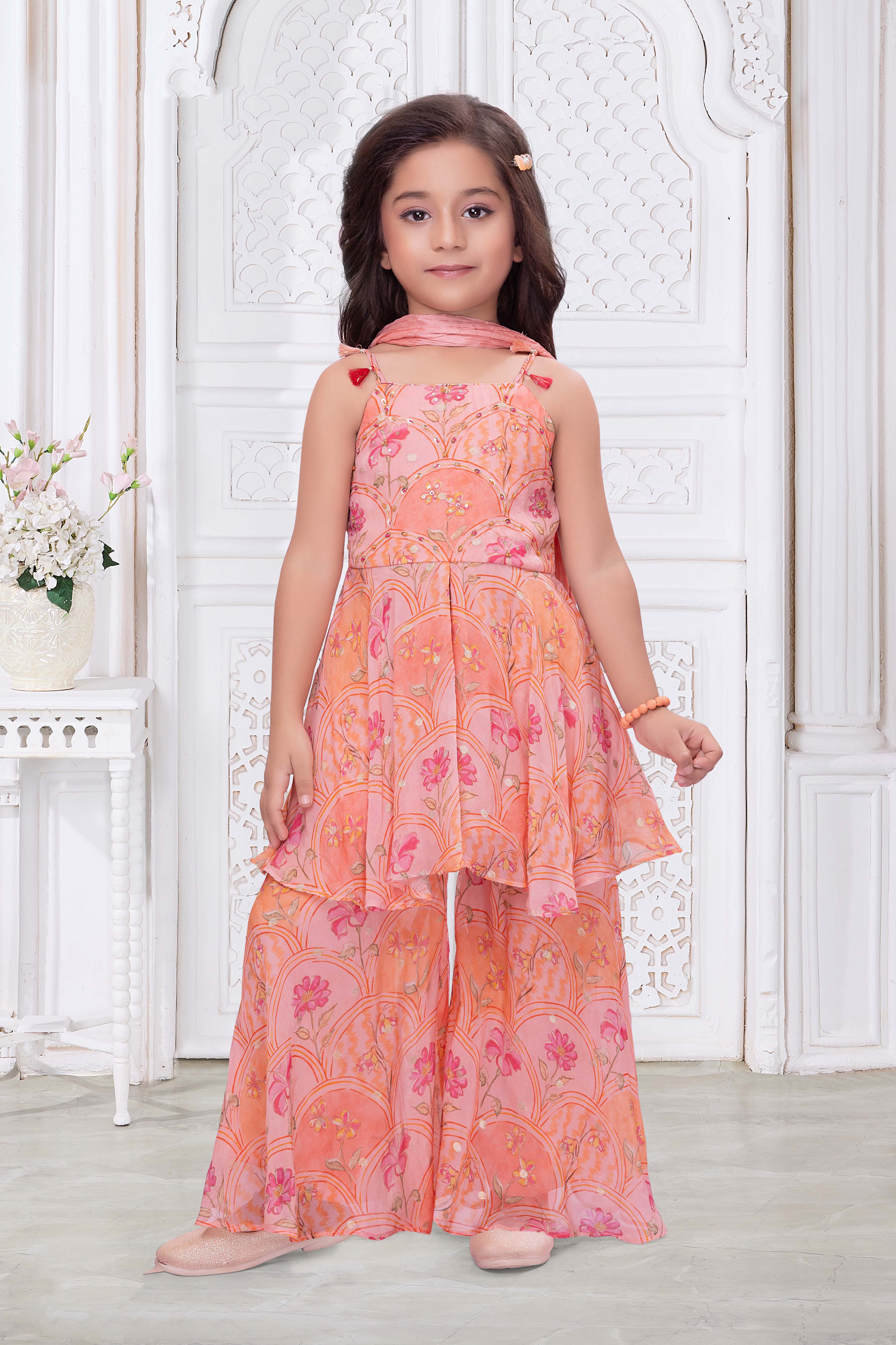 Peach Floral Print Organza Sharara Set