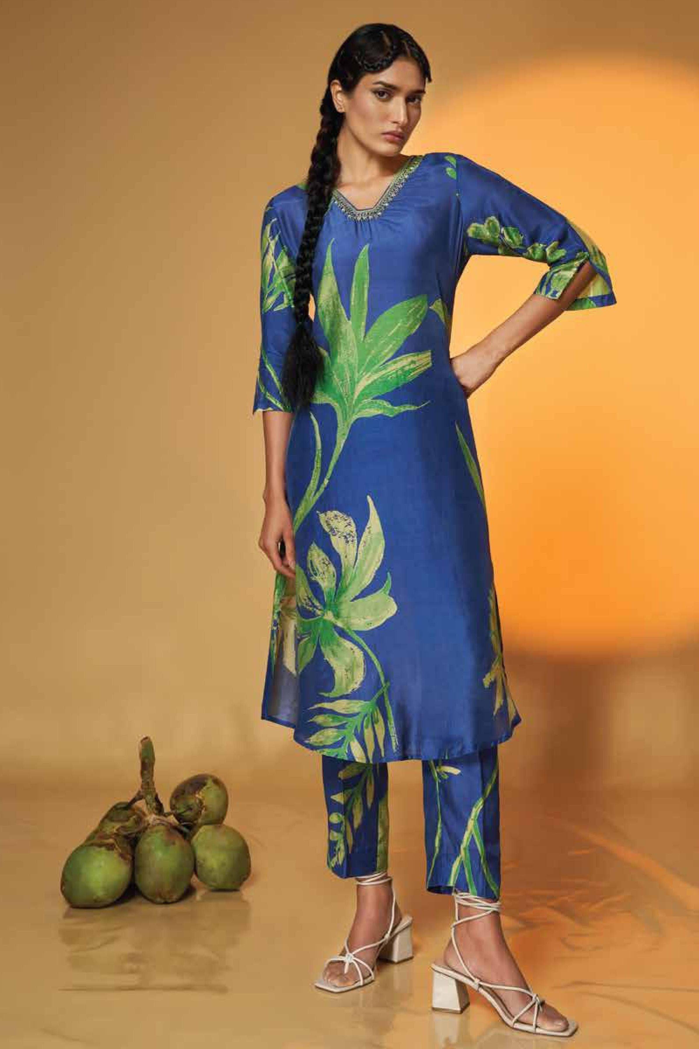 Azure Palm Asymmetrical Kurta Set  Mokshaa