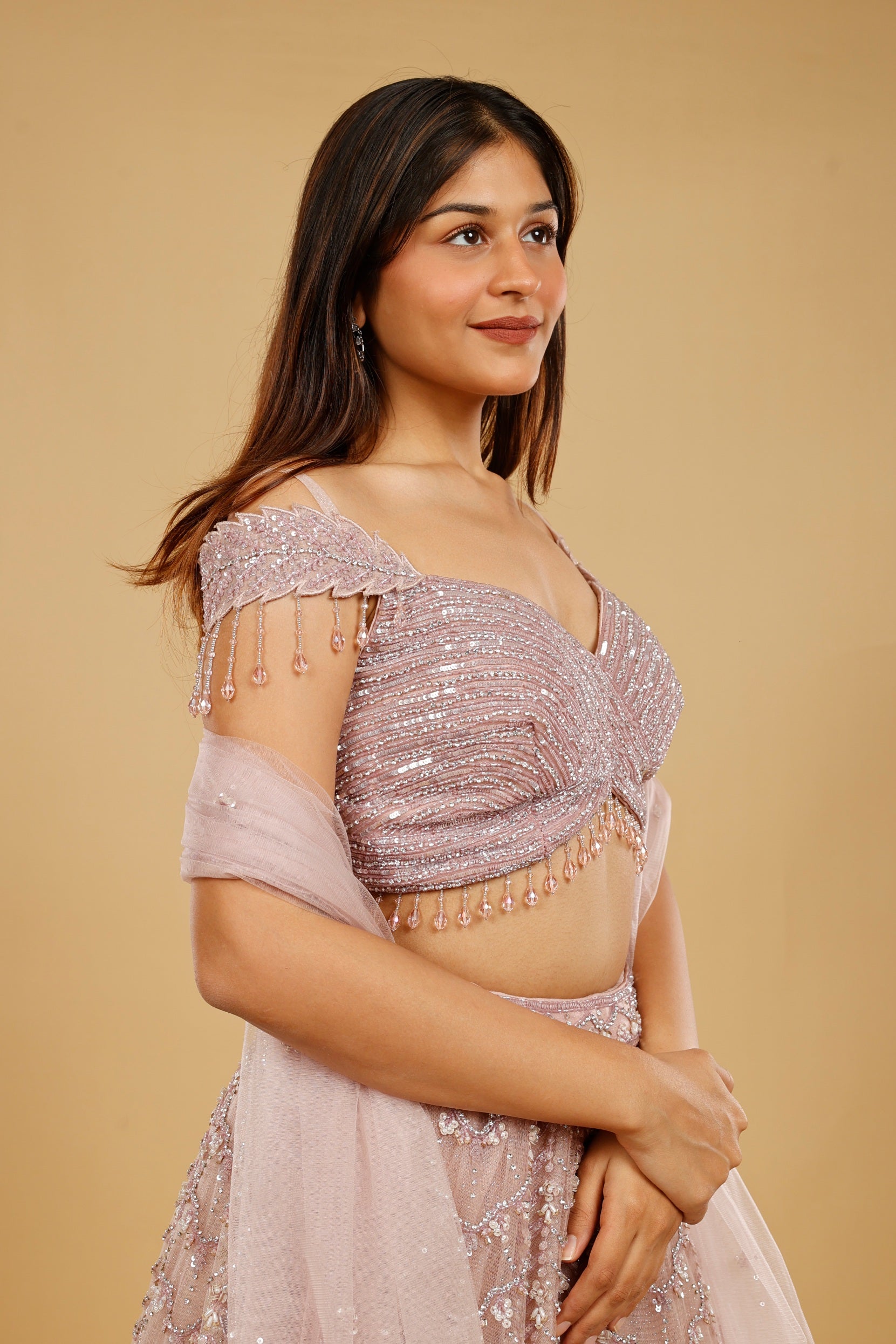 Mauve Net Lehenga Set with Sequin, Pearl & Cutdana Embroidery