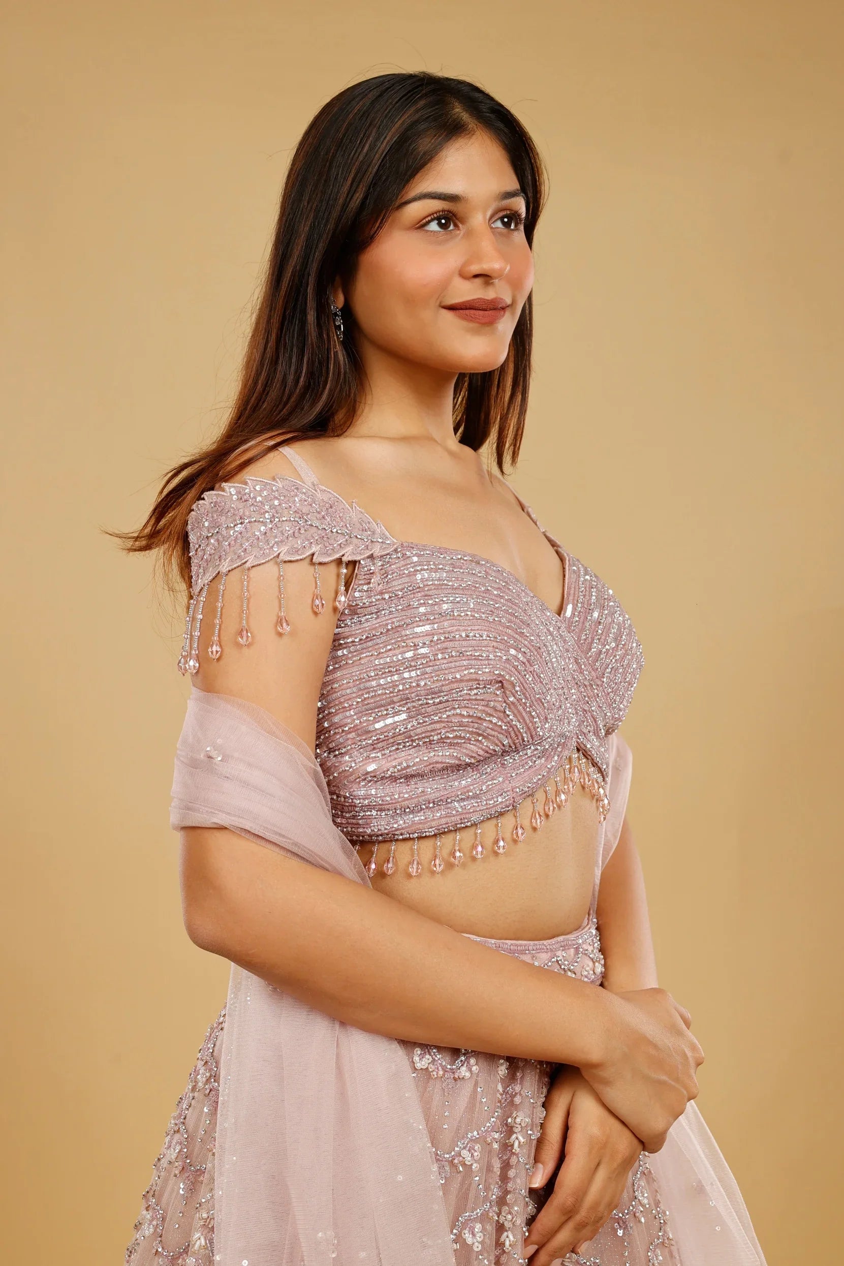 Mauve Net Lehenga Set with Sequin, Pearl & Cutdana Embroidery