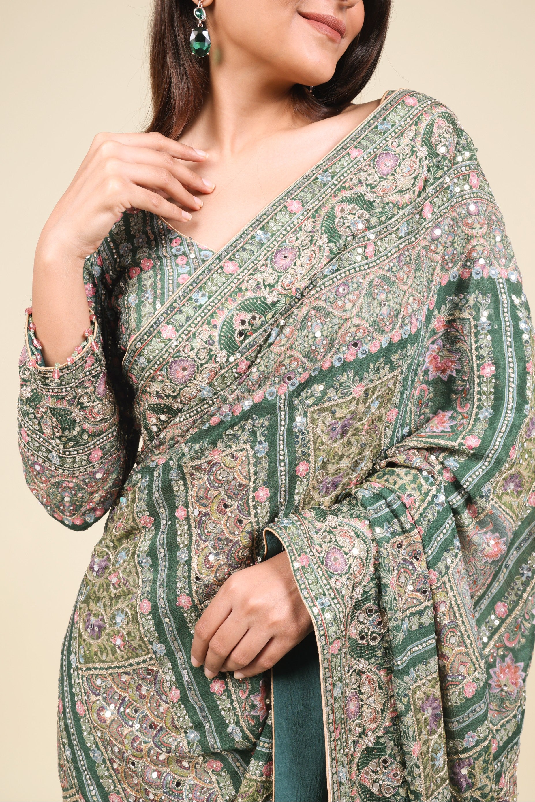 Emerald Green Soft Georgette Saree with Digital Print, Sequin & Mirror Highlights - Mokshaa