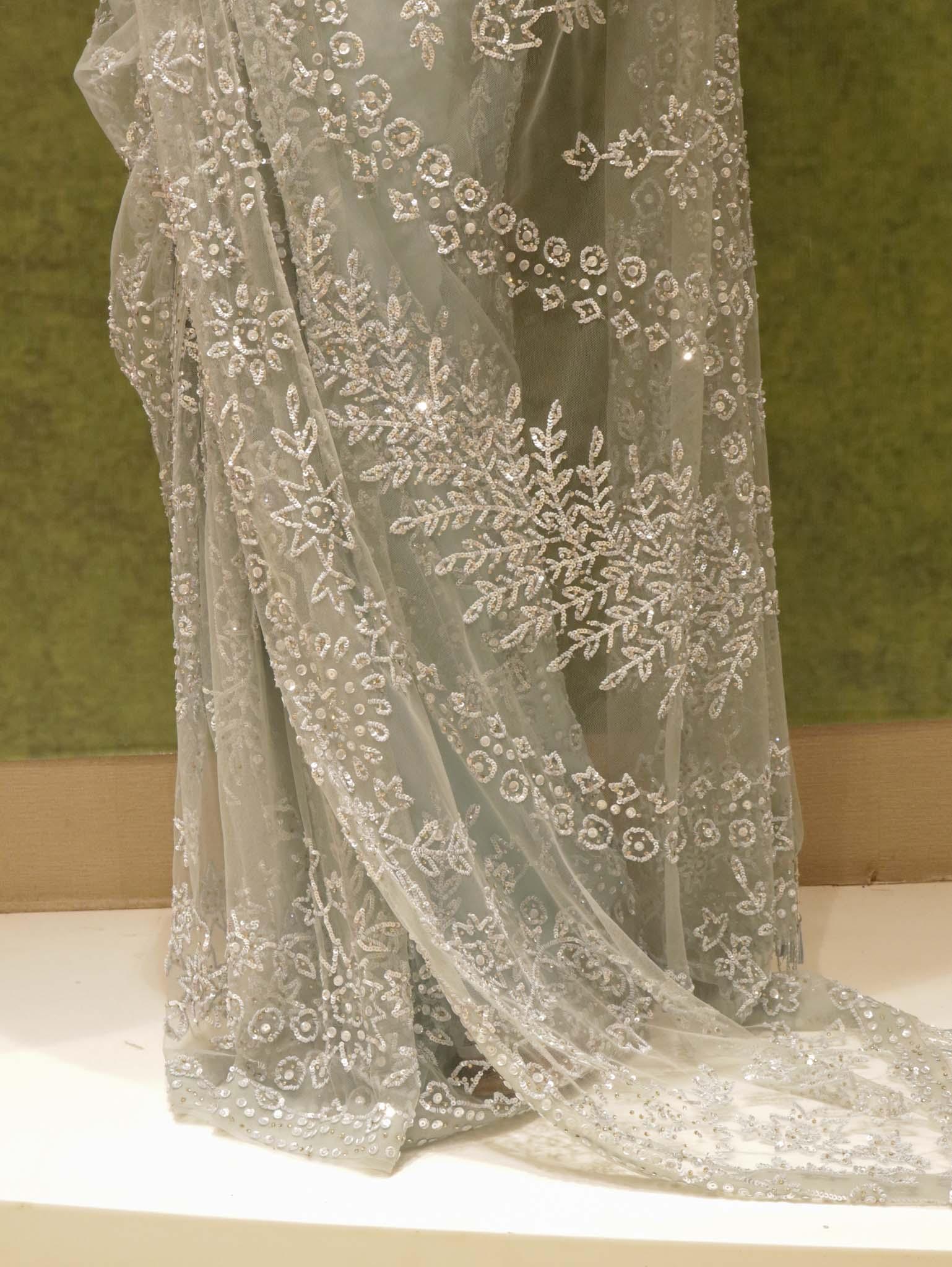Ice Blue Net Saree with All-Over Sequins & Stone Work - Mokshaa