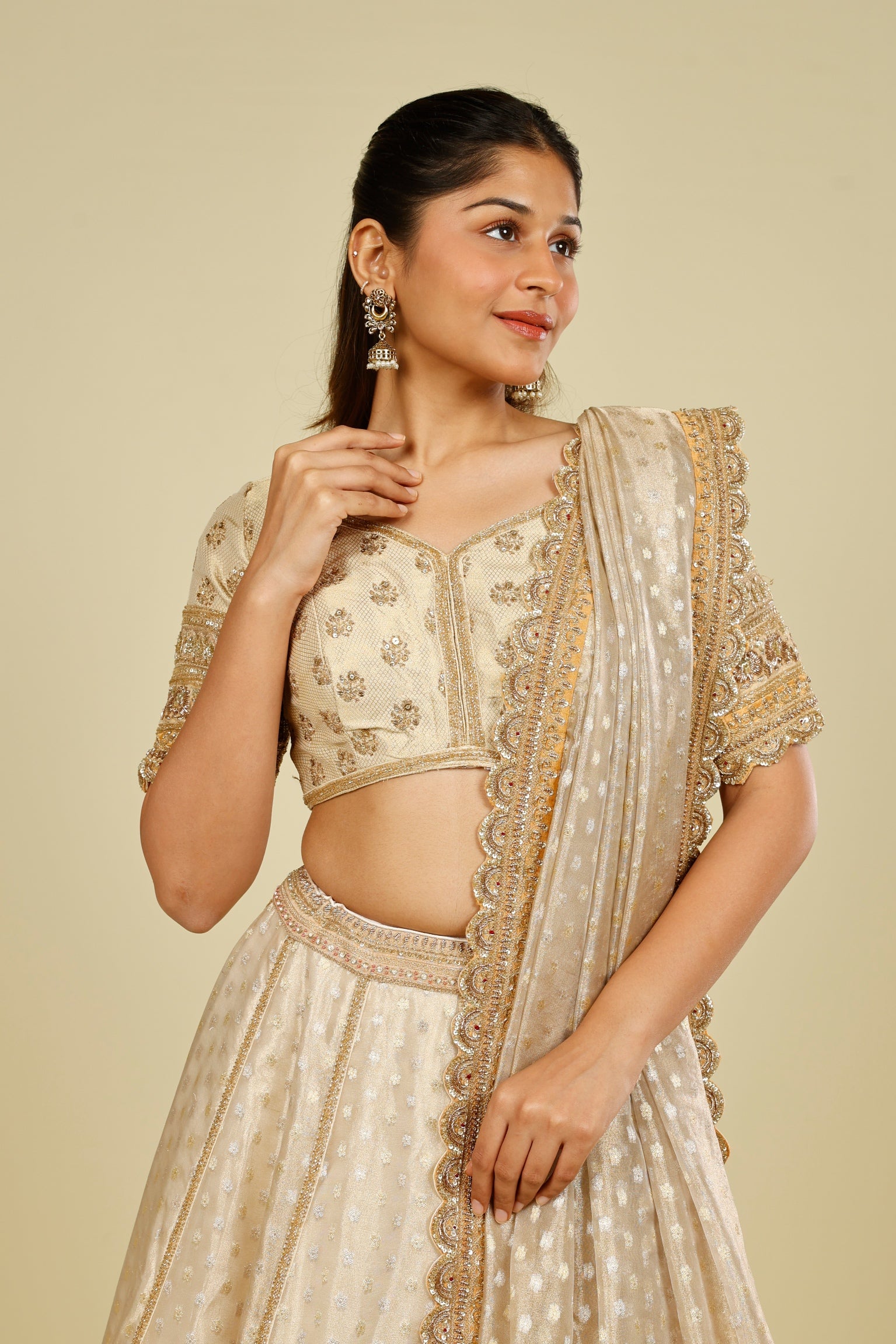 Ivory Banarasi Tissue Organza Lehenga Set with Zardozi, Zari & Sequin Embroidery