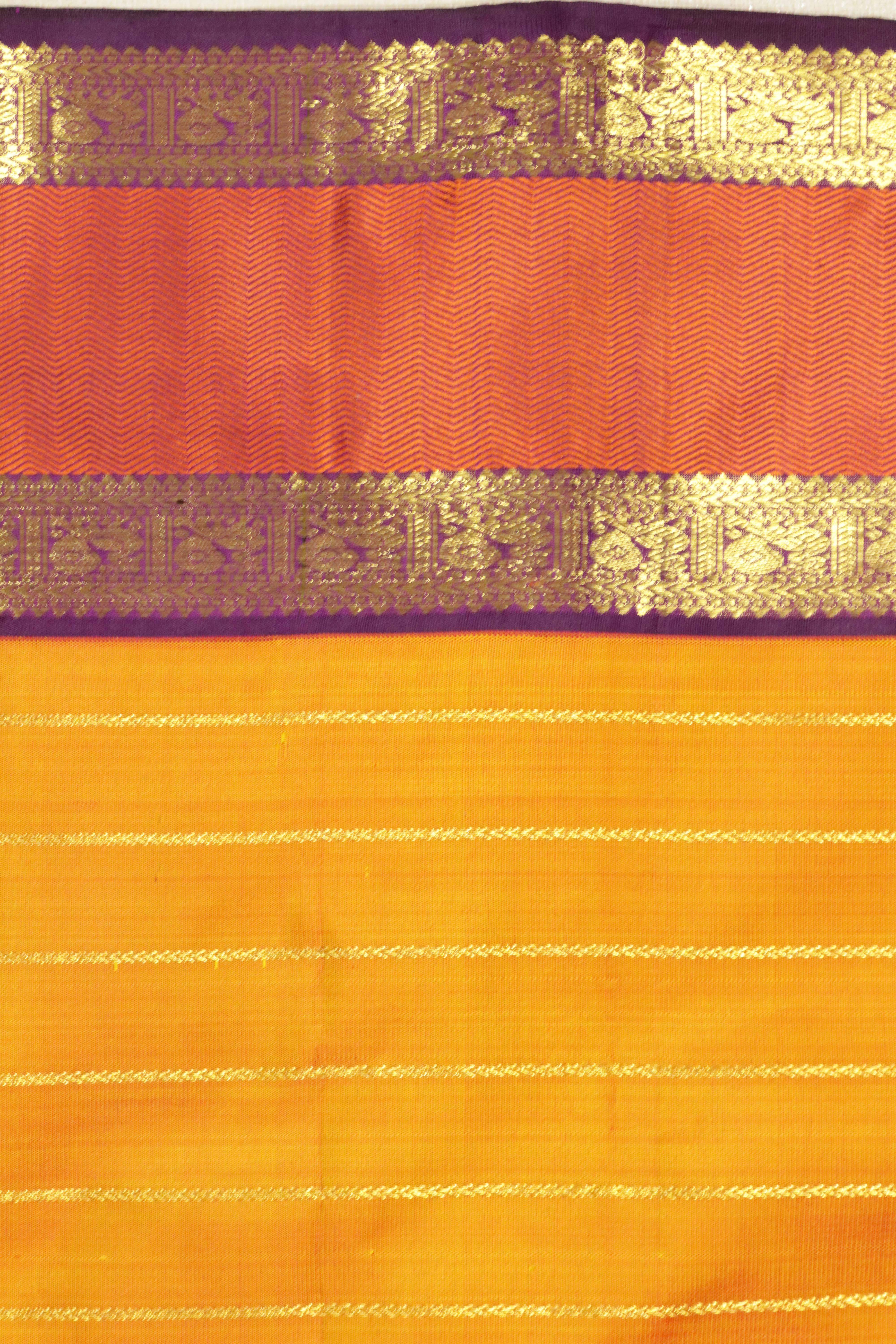 Orange Kanchipuram Silk Saree with Zari Horizontal Lines & Thread Weaving Border