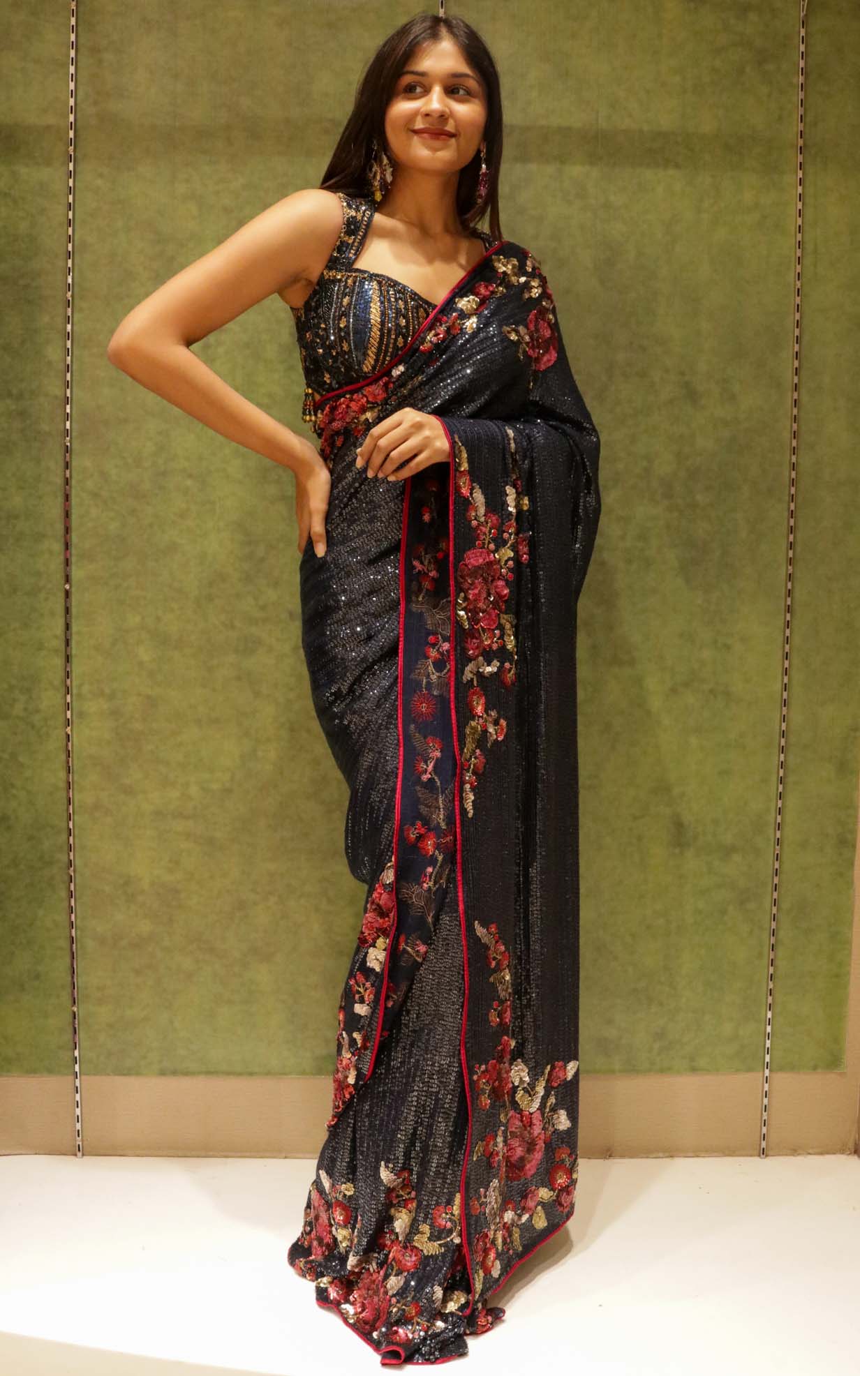 Navy Blue Georgette Saree with All-Over Sequins & Multicolour Sequin Border