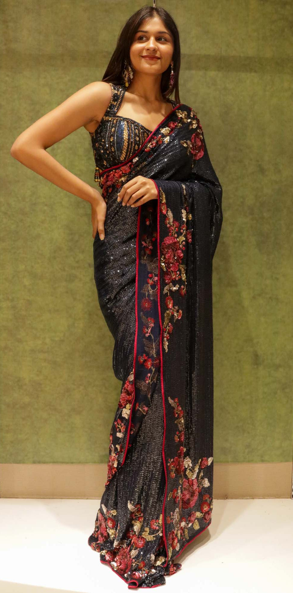 Navy Blue Georgette Saree with All-Over Sequins & Multicolour Sequin Border
