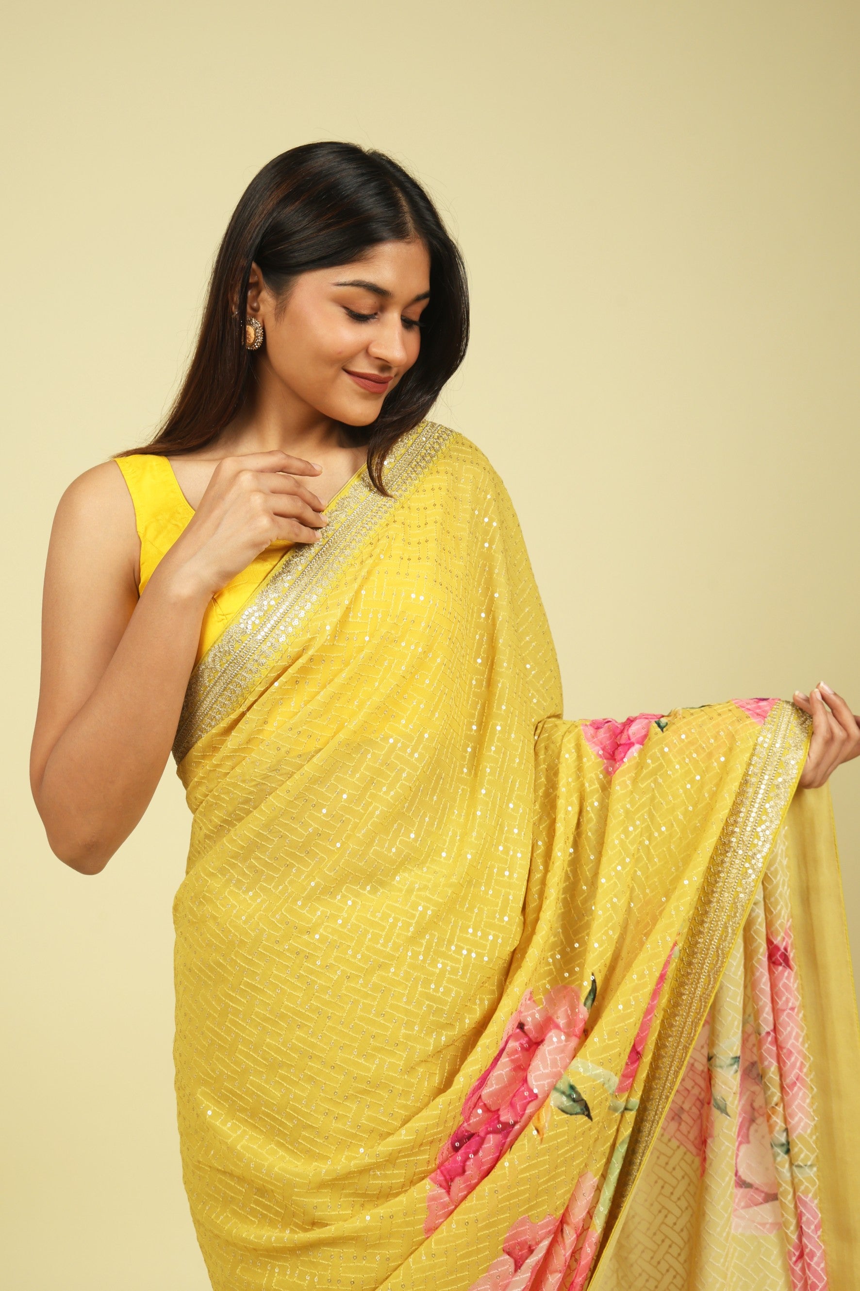 Lime Yellow Georgette Saree with Thread & Sequin Work and Digital Print Border