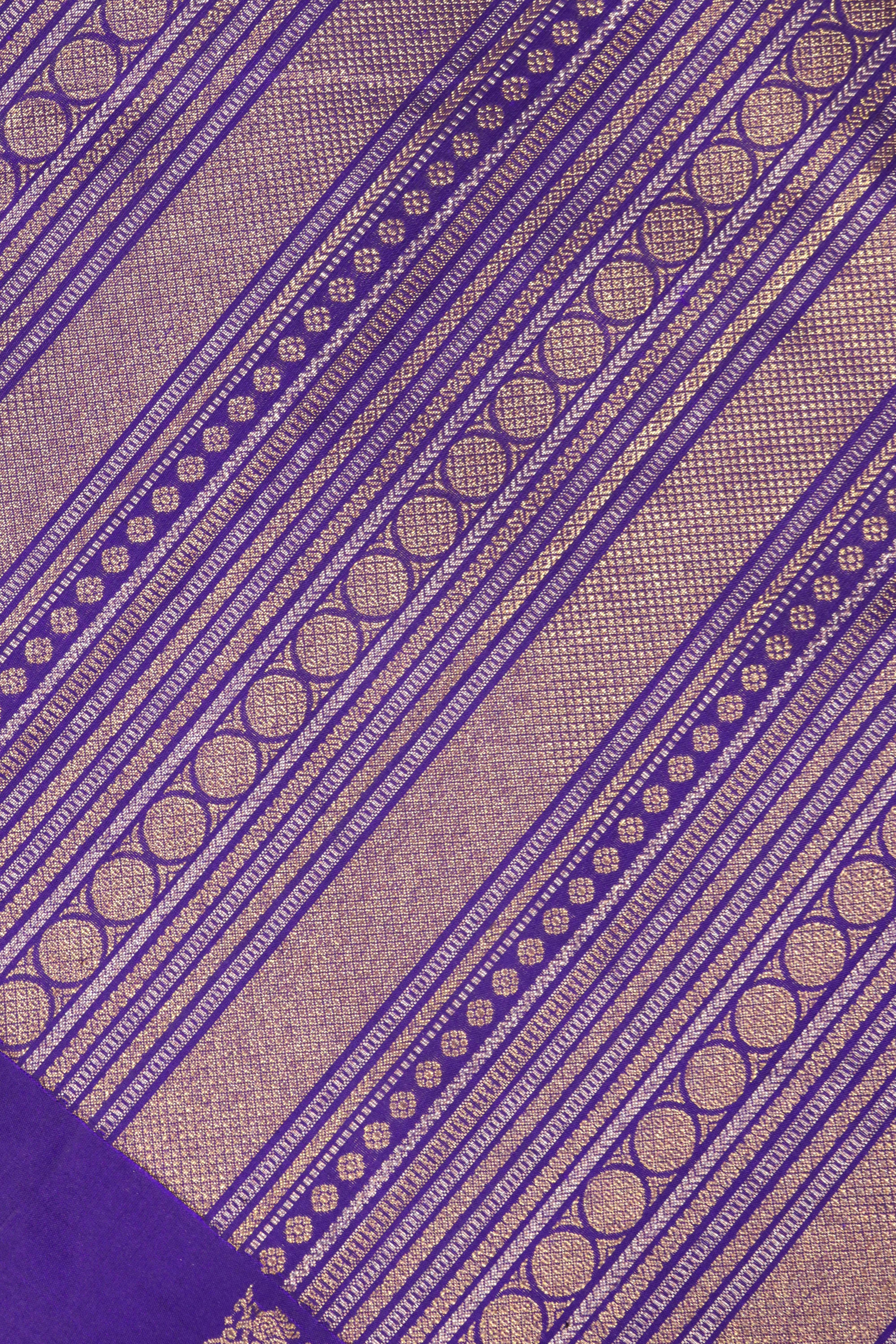 Blue Kanchipuram Silk Saree with Gold & Silver Geometrical Weaving and Zari Motif Border