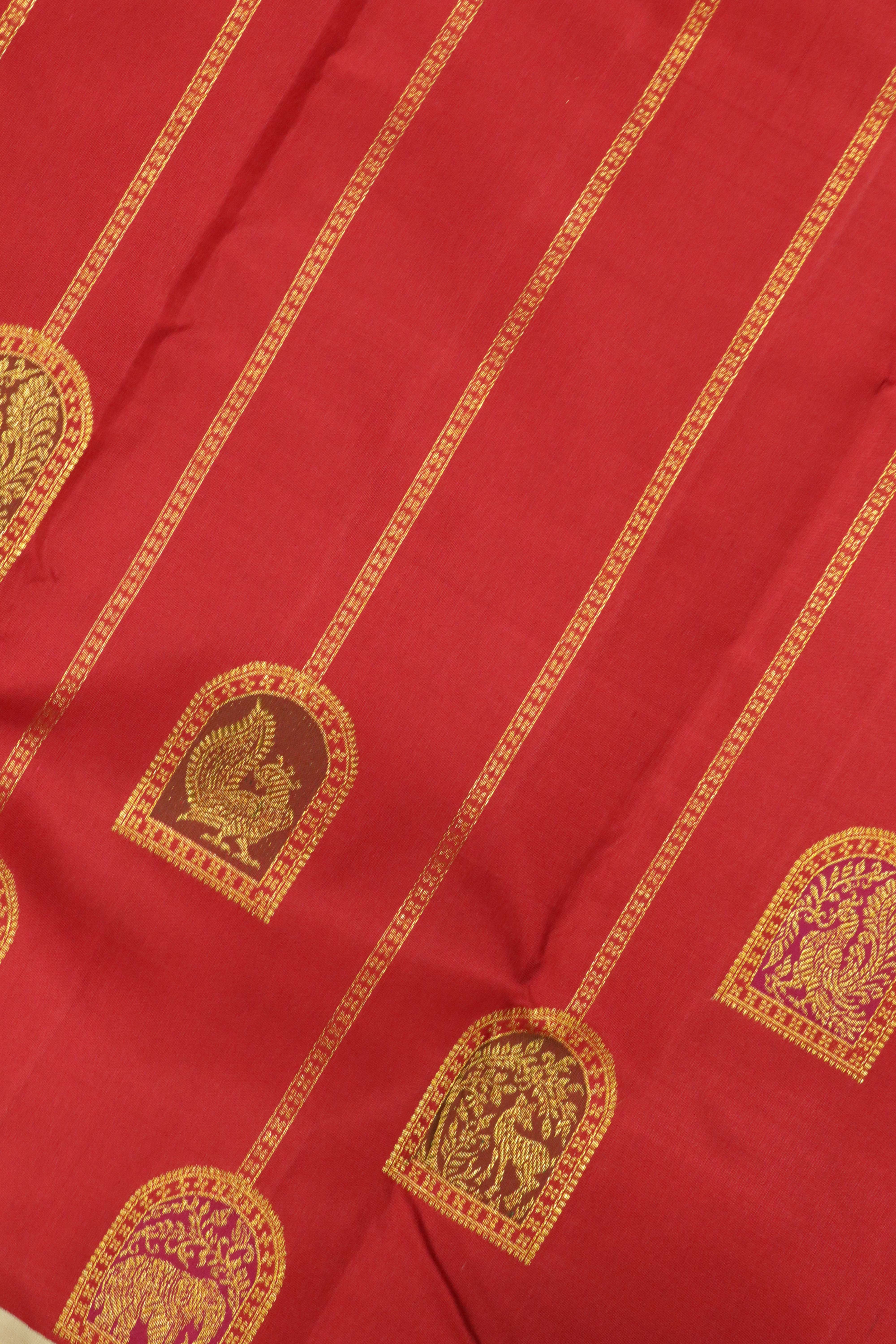 Maroon Kanchipuram Silk Saree with Zari Stripes, Motifs & Contrast Zari Border