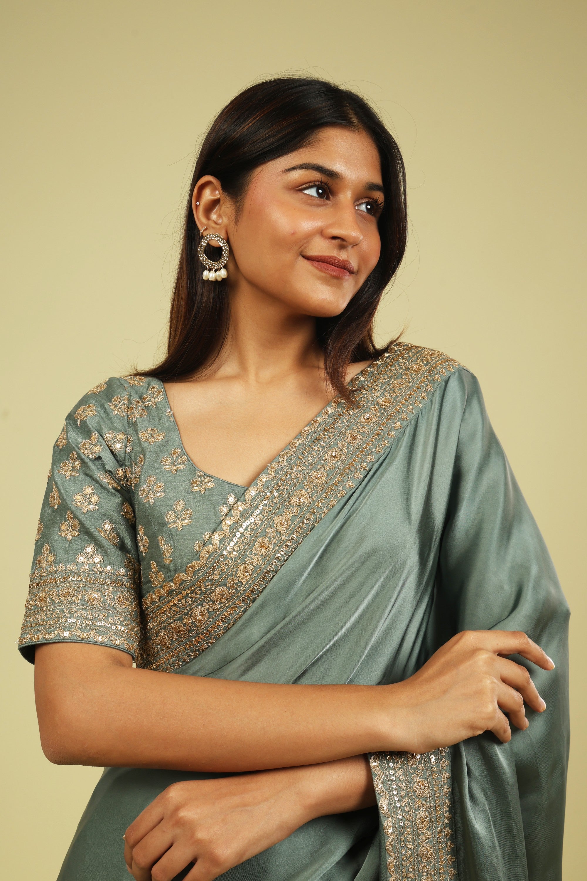 Powder Blue Satin Saree with Zari Thread Border & Zari Motif Blouse